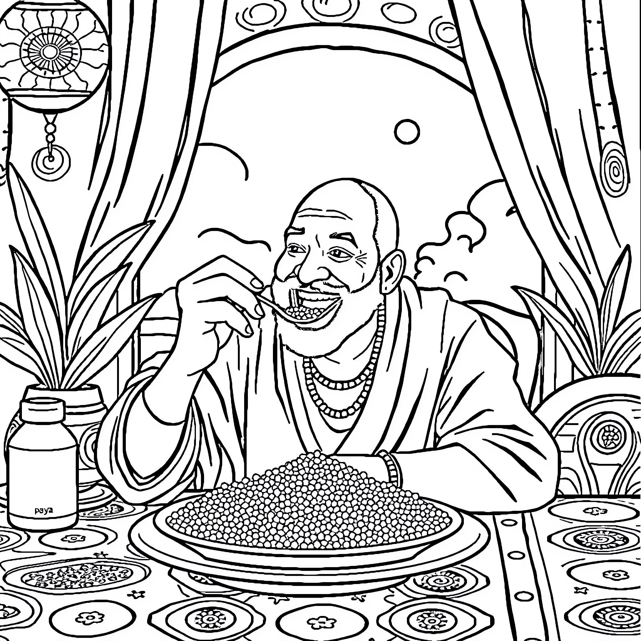 Paul Biya enjoying a festive meal Coloring Page (free black-and-white line drawing printable PDF for all, from beginners to advanced learners, including children, teens, adults, and seniors)