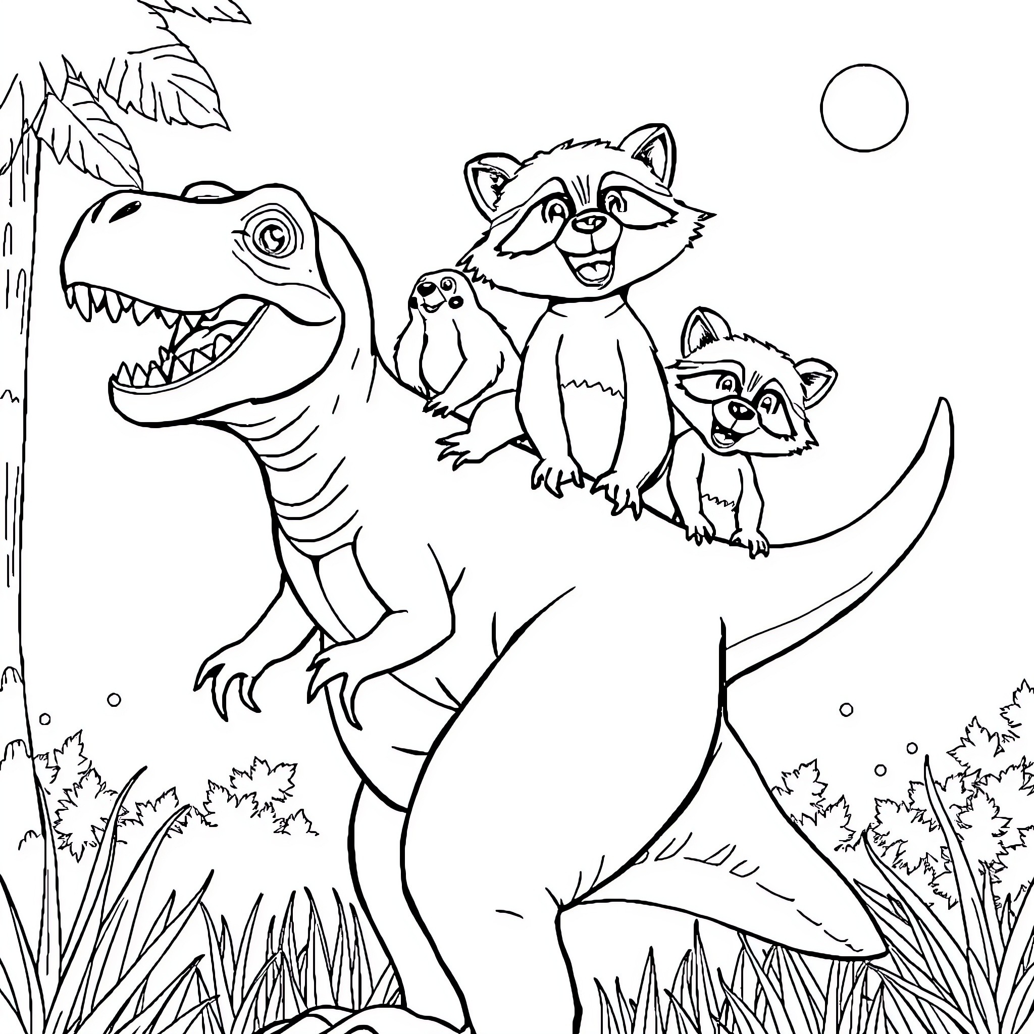 Raccoon friends exploring the prehistoric world Coloring Page (free black-and-white line drawing printable PDF for all, from beginners to advanced learners, including children, teens, adults, and seniors)