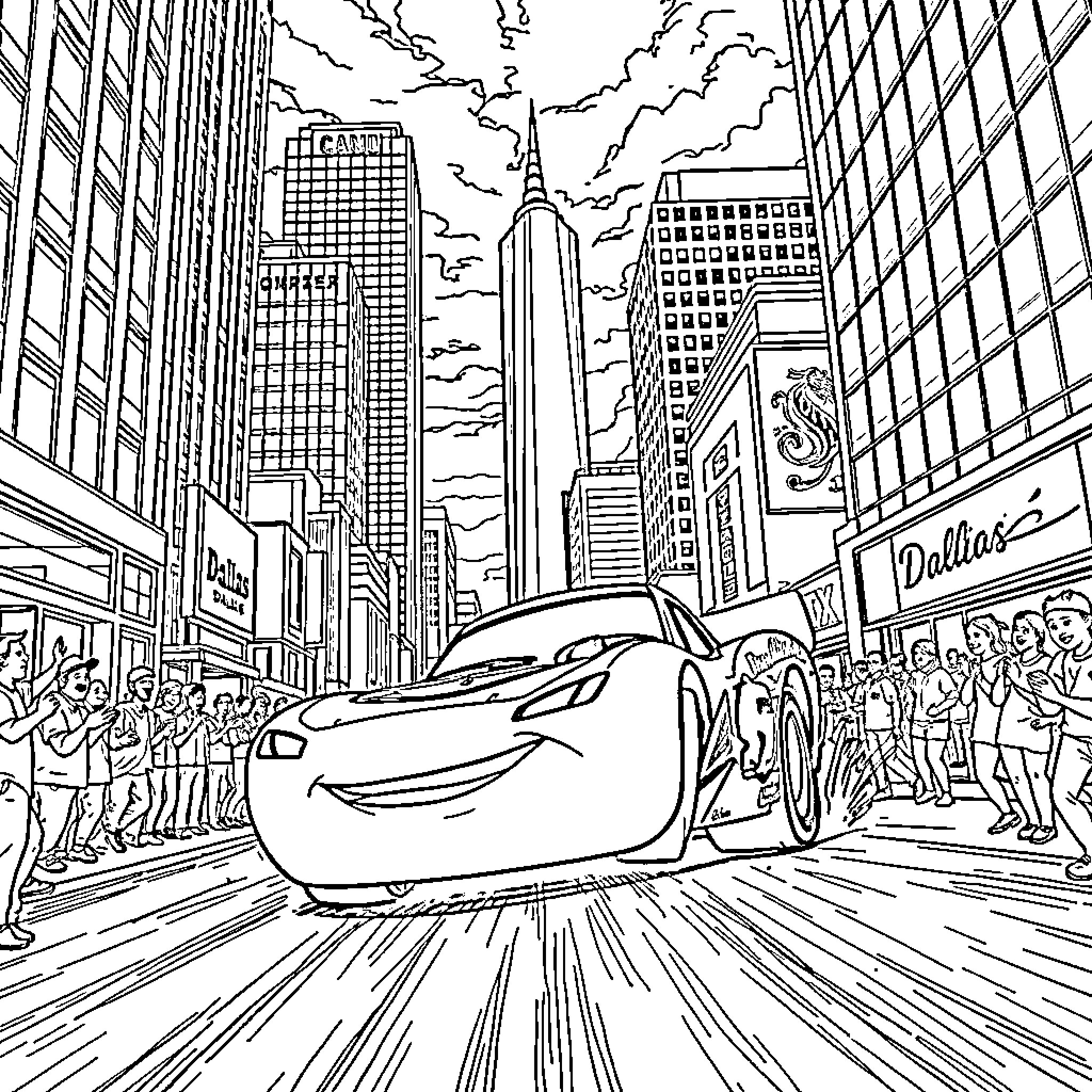 Lightning McQueen speeding through a crowded city Coloring Page (free black-and-white line drawing printable PDF for all, from beginners to advanced learners, including children, teens, adults, and seniors)