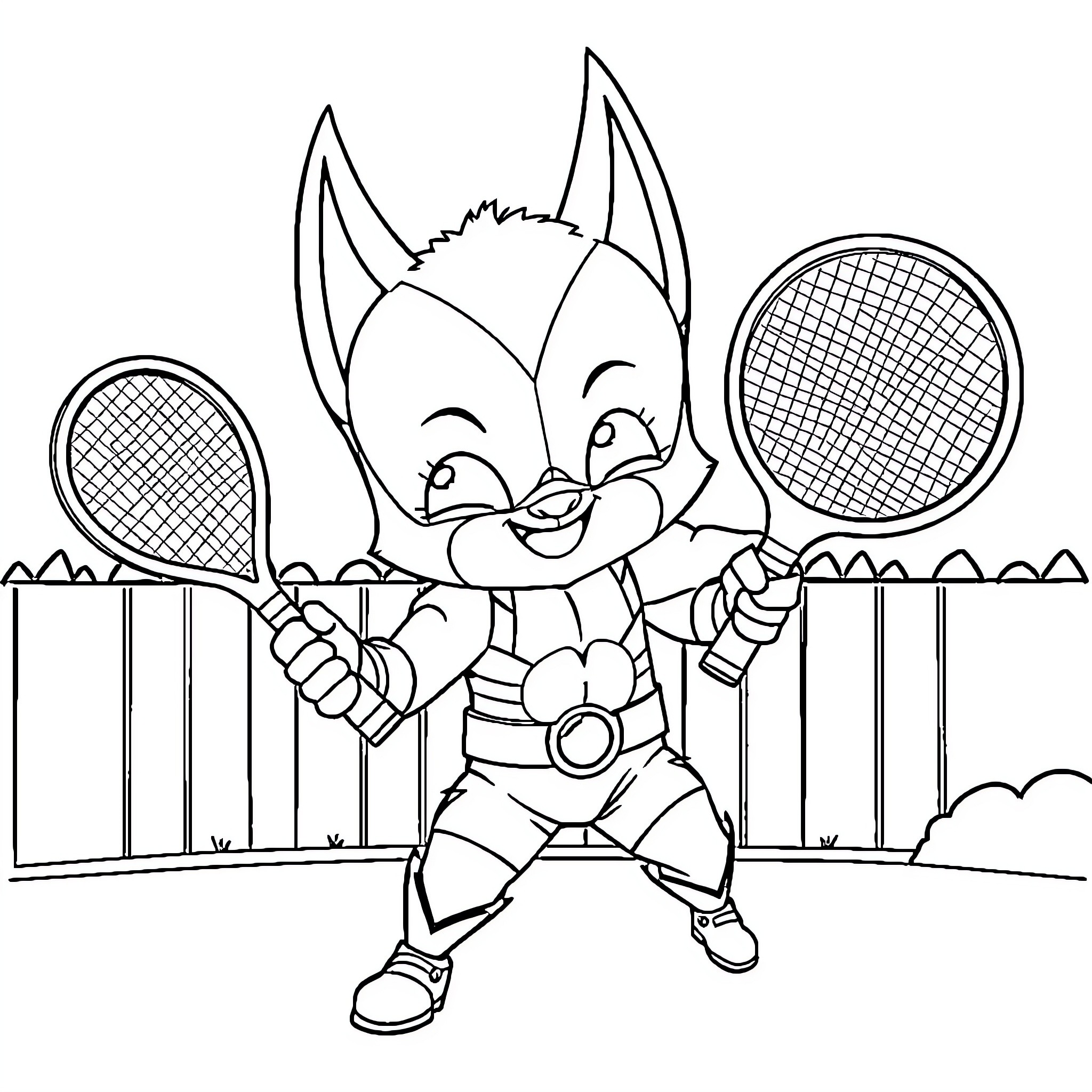 Wolverine playing tennis with enthusiasm Coloring Page (free black-and-white line drawing printable PDF for all, from beginners to advanced learners, including children, teens, adults, and seniors)