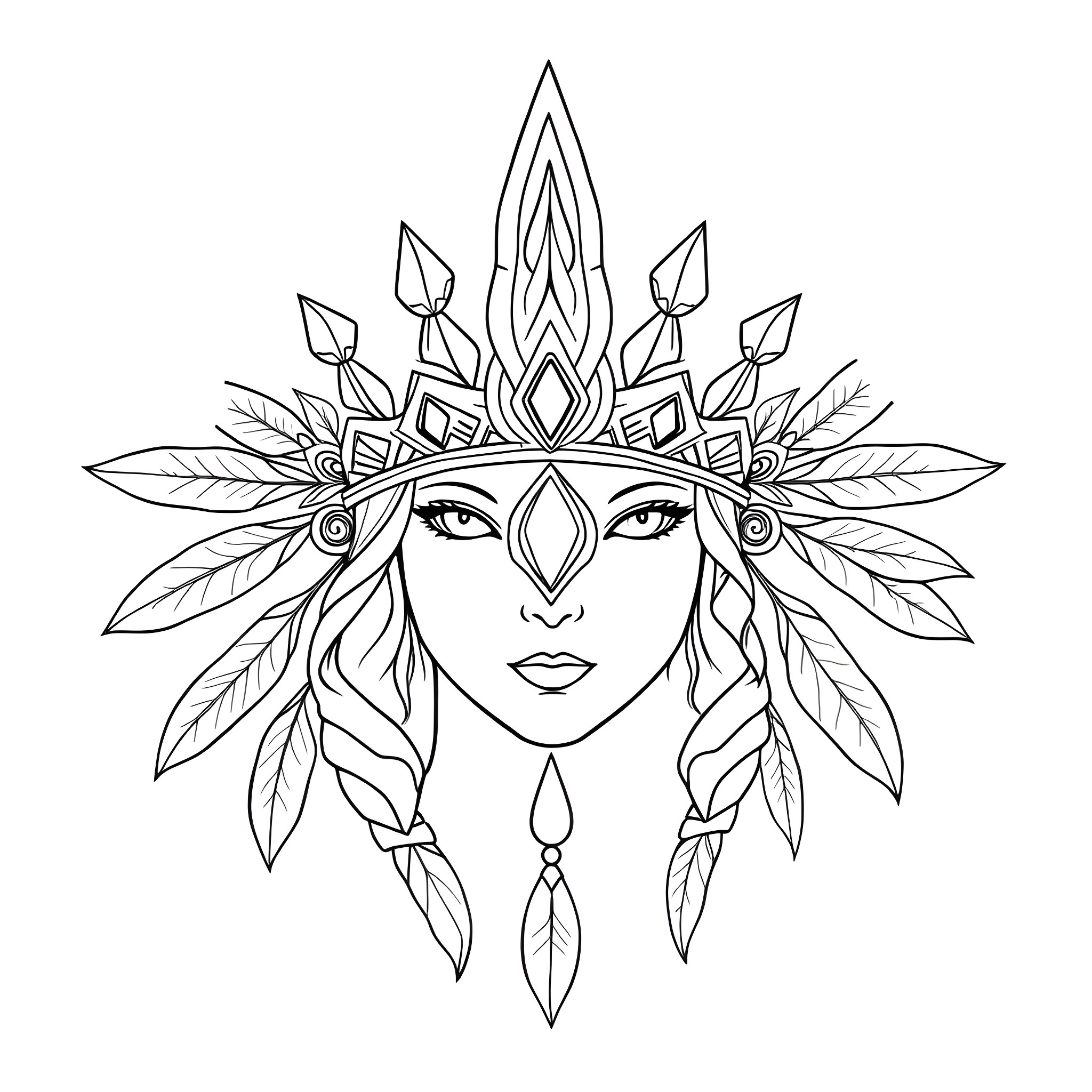 Pocahontas in a Detailed Floral Headdress Coloring Page (free black-and-white line drawing printable PDF for all, from beginners to advanced learners, including children, teens, adults, and seniors)