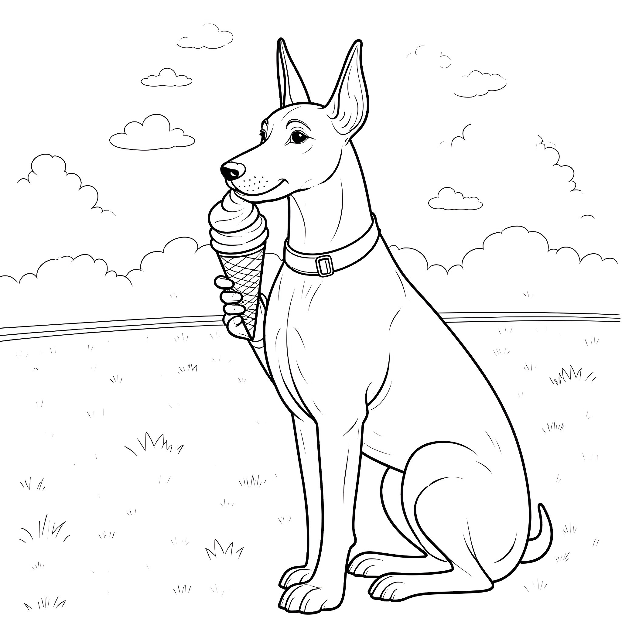 Doberman enjoying an ice cream cone outdoors Coloring Page (free black-and-white line drawing printable PDF for all, from beginners to advanced learners, including children, teens, adults, and seniors)