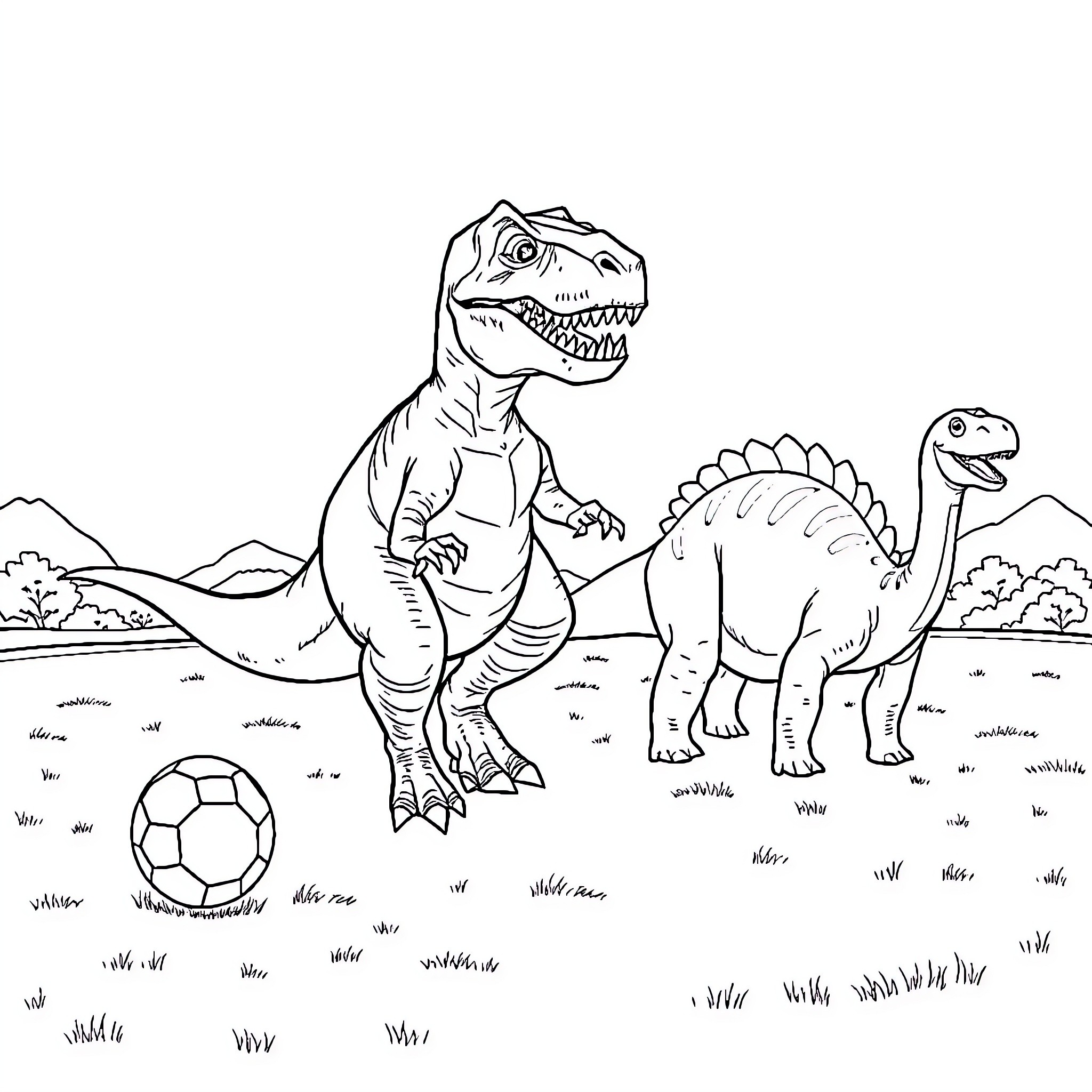 T-Rex and Stegosaurus Playing Soccer in the Wild Coloring Page (free black-and-white line drawing printable PDF for all, from beginners to advanced learners, including children, teens, adults, and seniors)