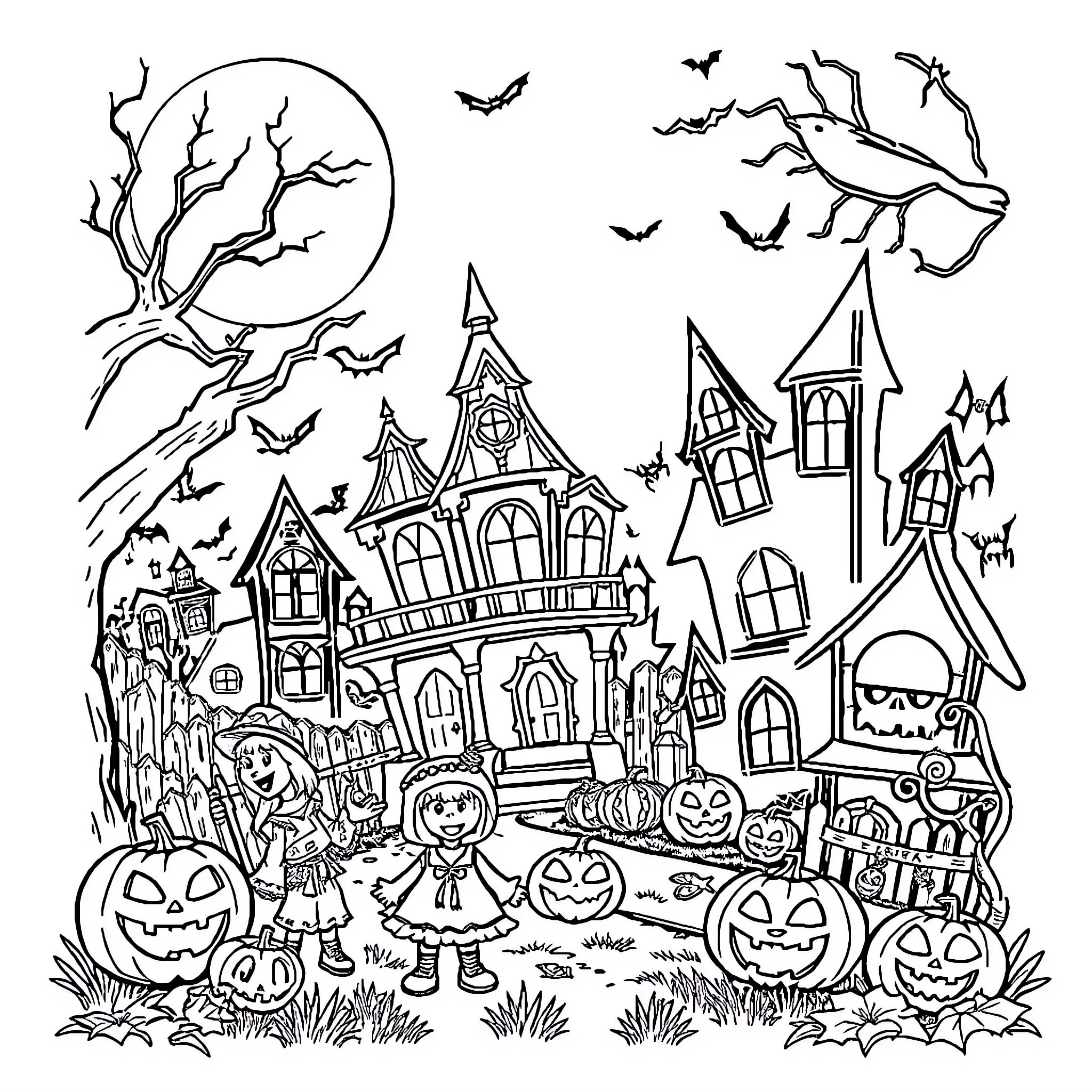 Halloween Haunted House Adventure with Costumes and Characters Coloring Page (free black-and-white line drawing printable PDF for all, from beginners to advanced learners, including children, teens, adults, and seniors)