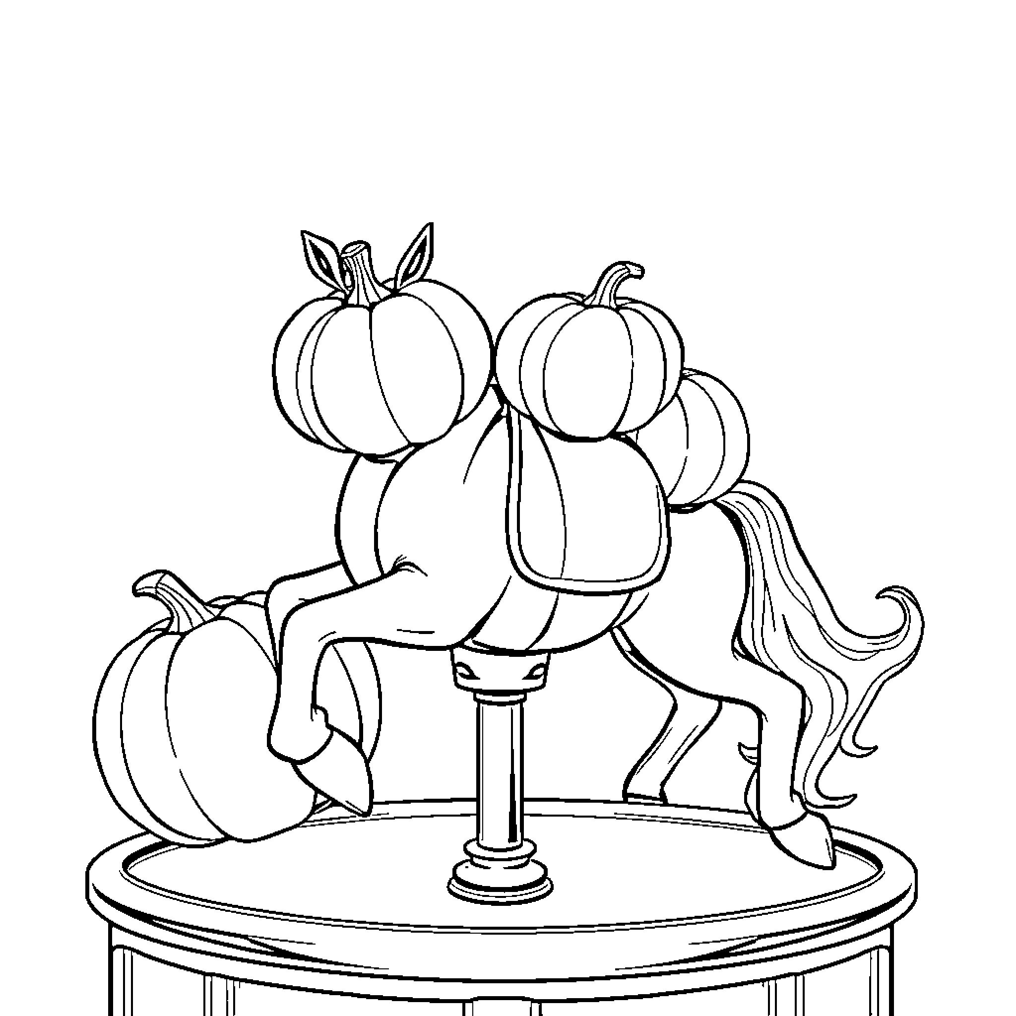 Pumpkin-themed carousel with whimsical unicorn Coloring Page (free black-and-white line drawing printable PDF for all, from beginners to advanced learners, including children, teens, adults, and seniors)