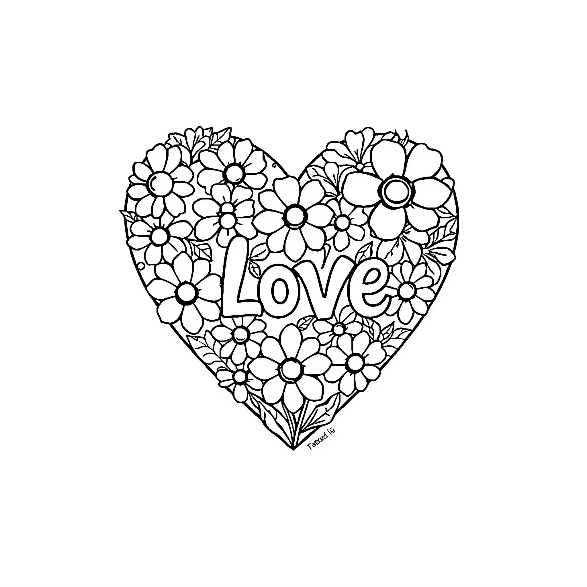 Heart filled with floral love Coloring Page (free black-and-white line drawing printable PDF for all, from beginners to advanced learners, including children, teens, adults, and seniors)