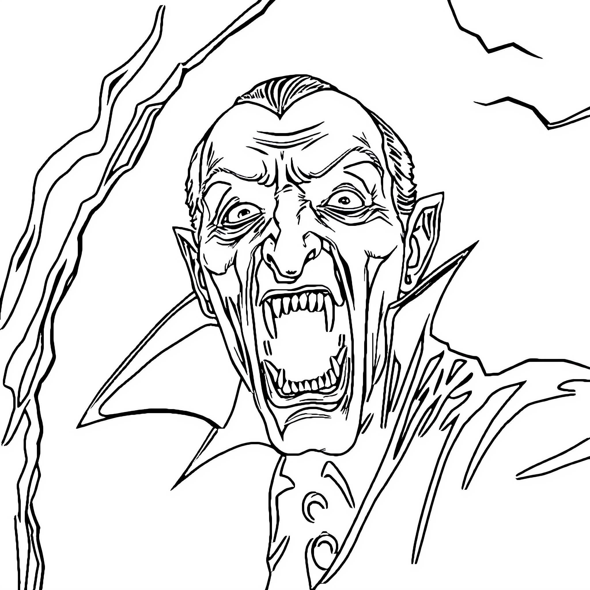 Vampire with Sinister Snarl in Dark Surroundings Coloring Page (free black-and-white line drawing printable PDF for all, from beginners to advanced learners, including children, teens, adults, and seniors)