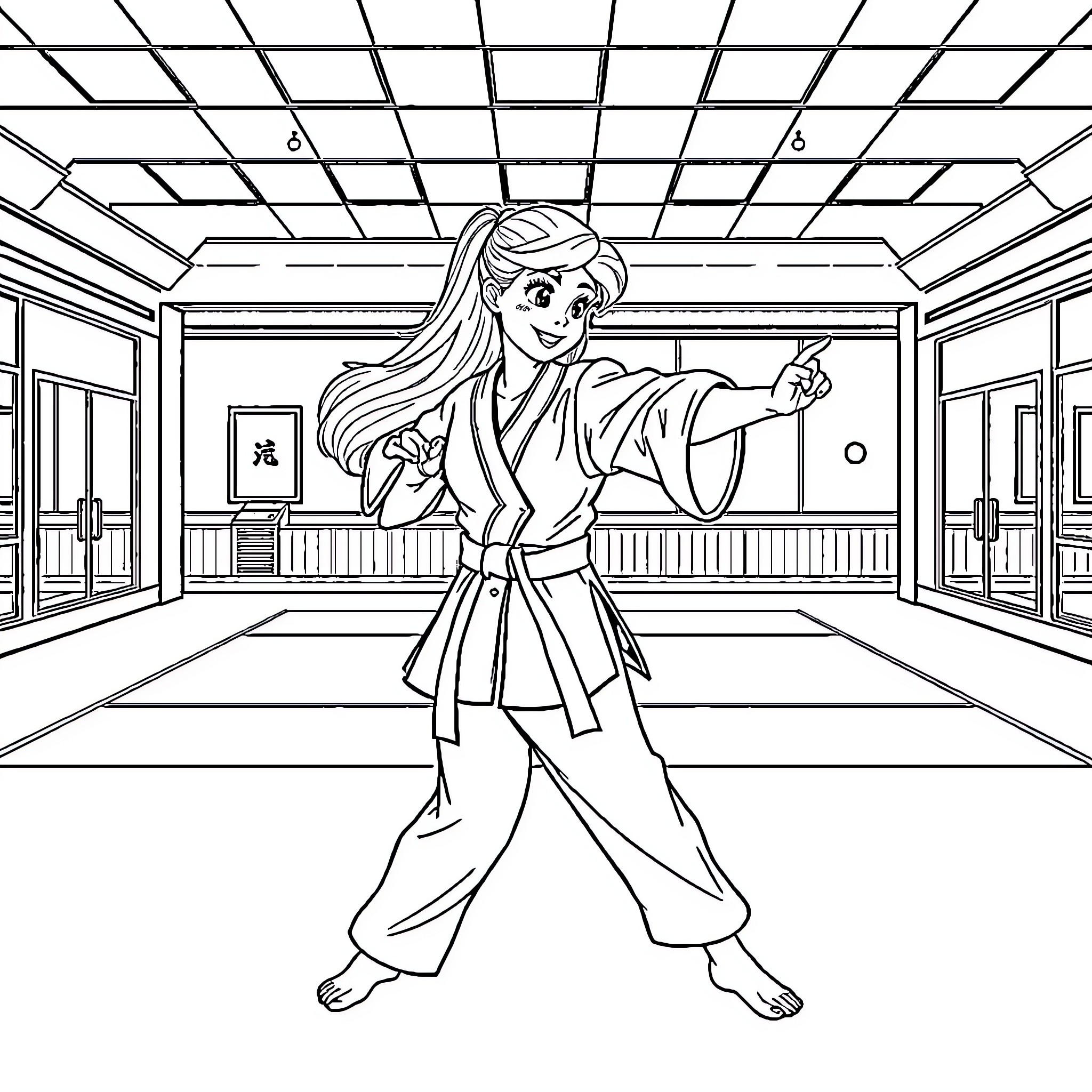 Disney Princess Martial Arts Training in Dojo Coloring Page (free black-and-white line drawing printable PDF for all, from beginners to advanced learners, including children, teens, adults, and seniors)