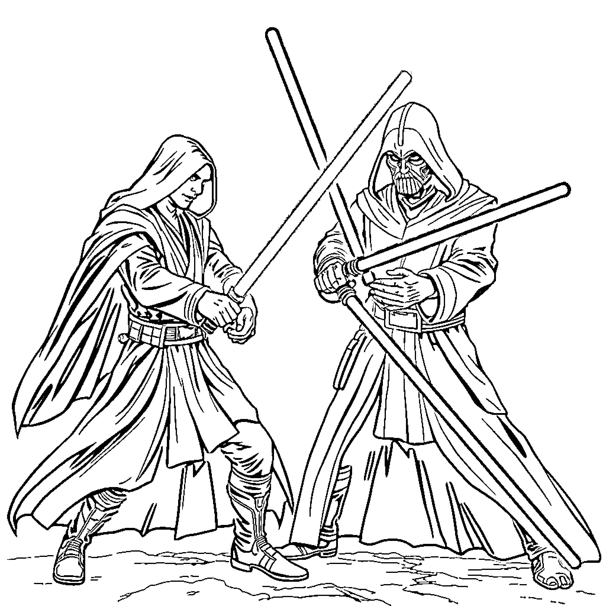 Jedi Knights in Fierce Battle Coloring Page (free black-and-white line drawing printable PDF for all, from beginners to advanced learners, including children, teens, adults, and seniors)