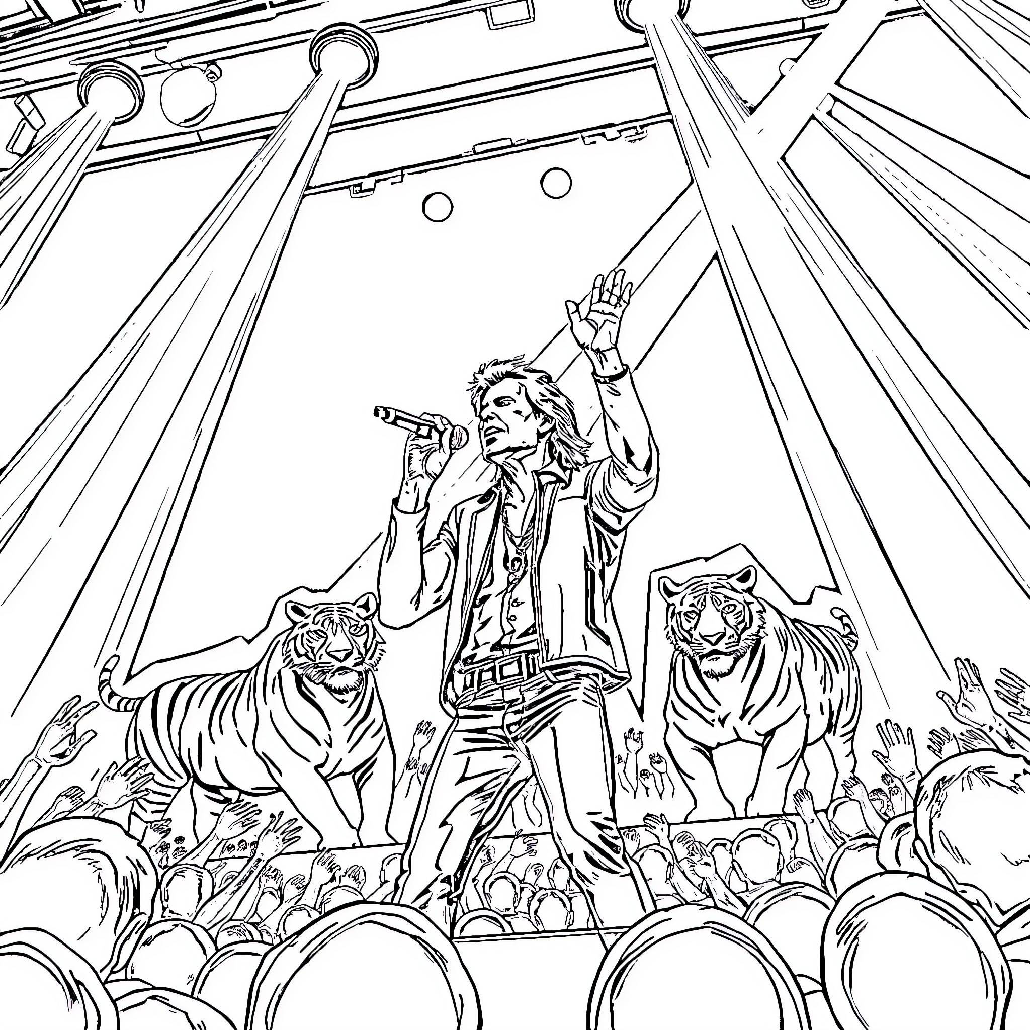 Tiger Tamer Captivating Audience with Tigers Coloring Page (free black-and-white line drawing printable PDF for all, from beginners to advanced learners, including children, teens, adults, and seniors)