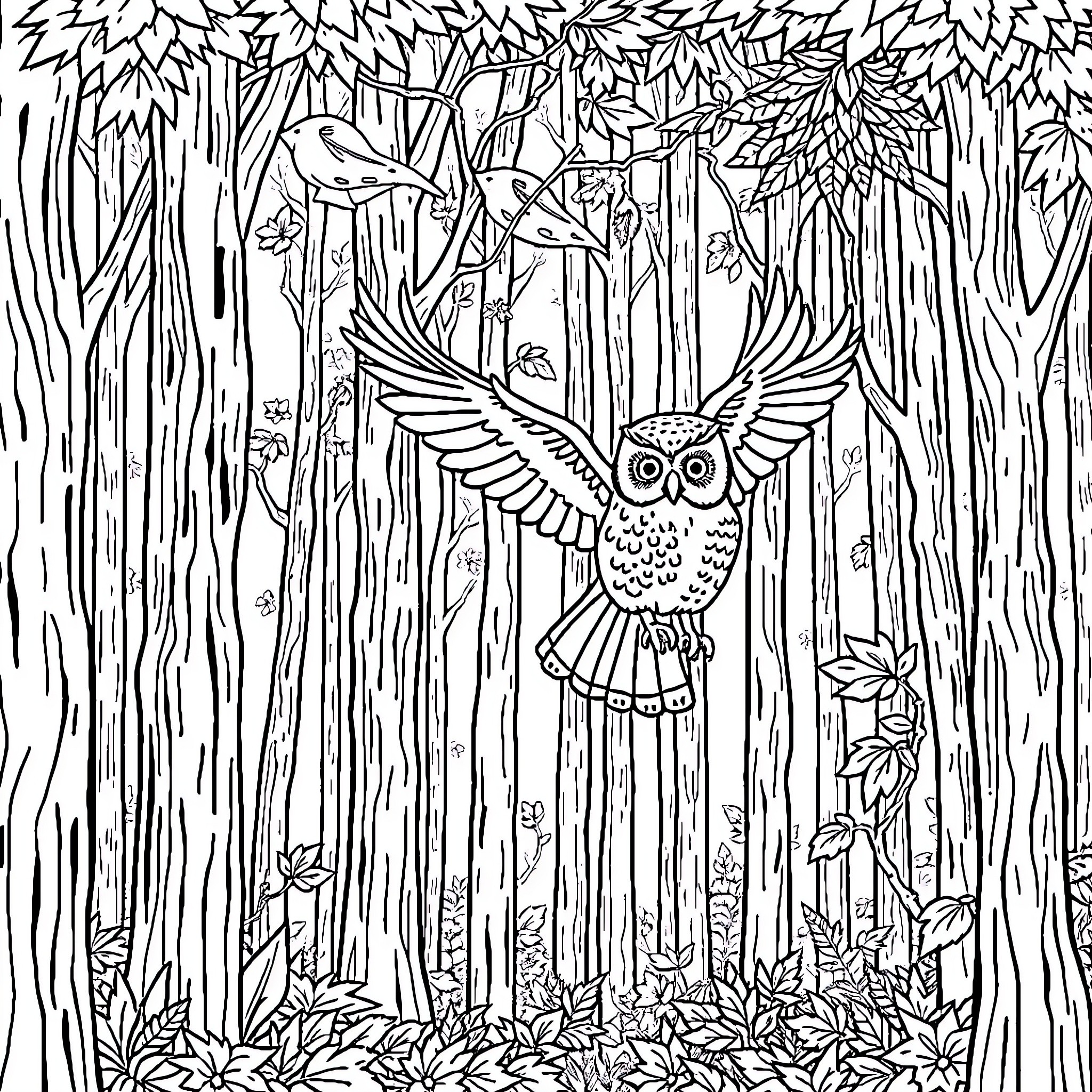 Owl soaring through enchanted forest Coloring Page (free black-and-white line drawing printable PDF for all, from beginners to advanced learners, including children, teens, adults, and seniors)