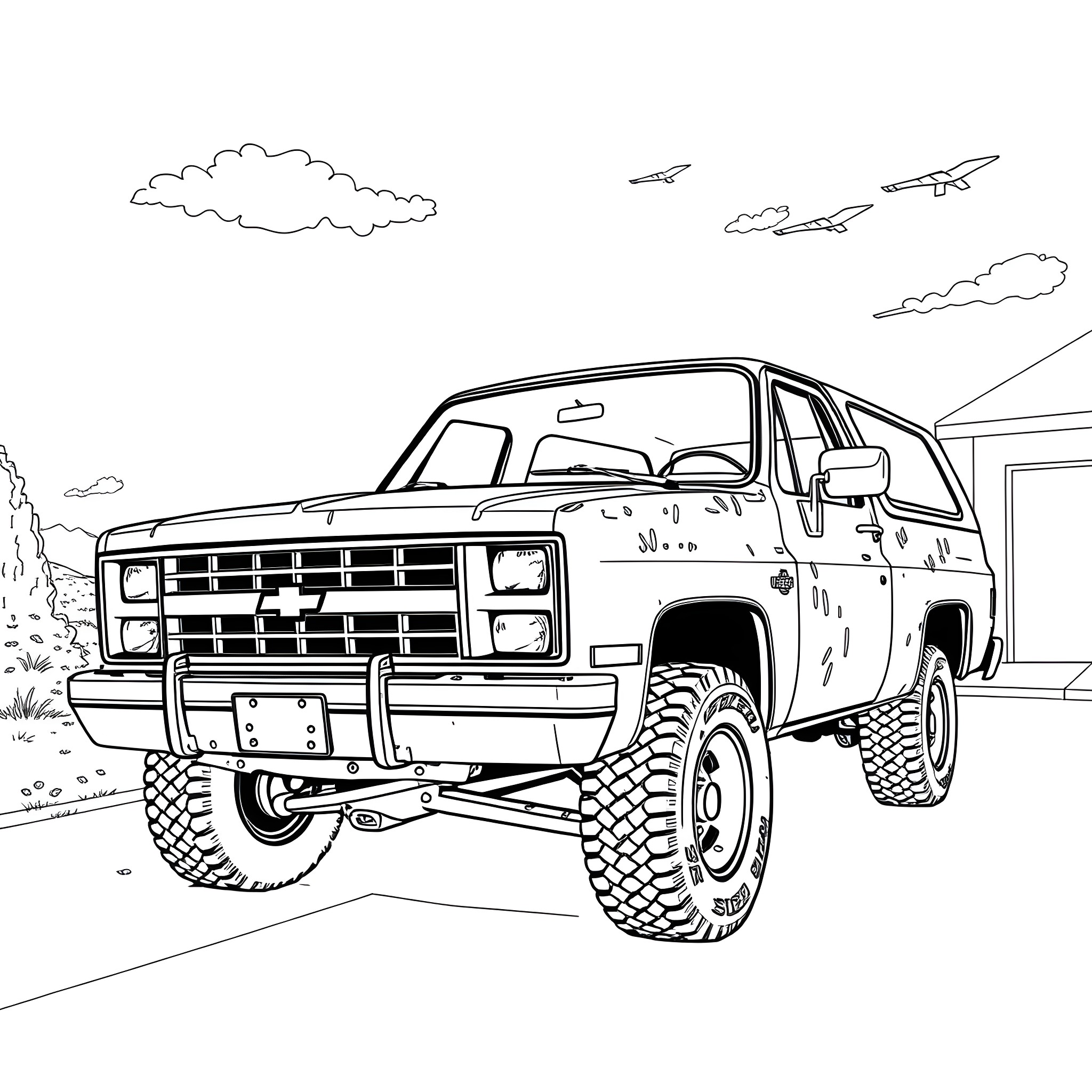 Chevy off-road vehicle in rugged landscape Coloring Page (free black-and-white line drawing printable PDF for all, from beginners to advanced learners, including children, teens, adults, and seniors)