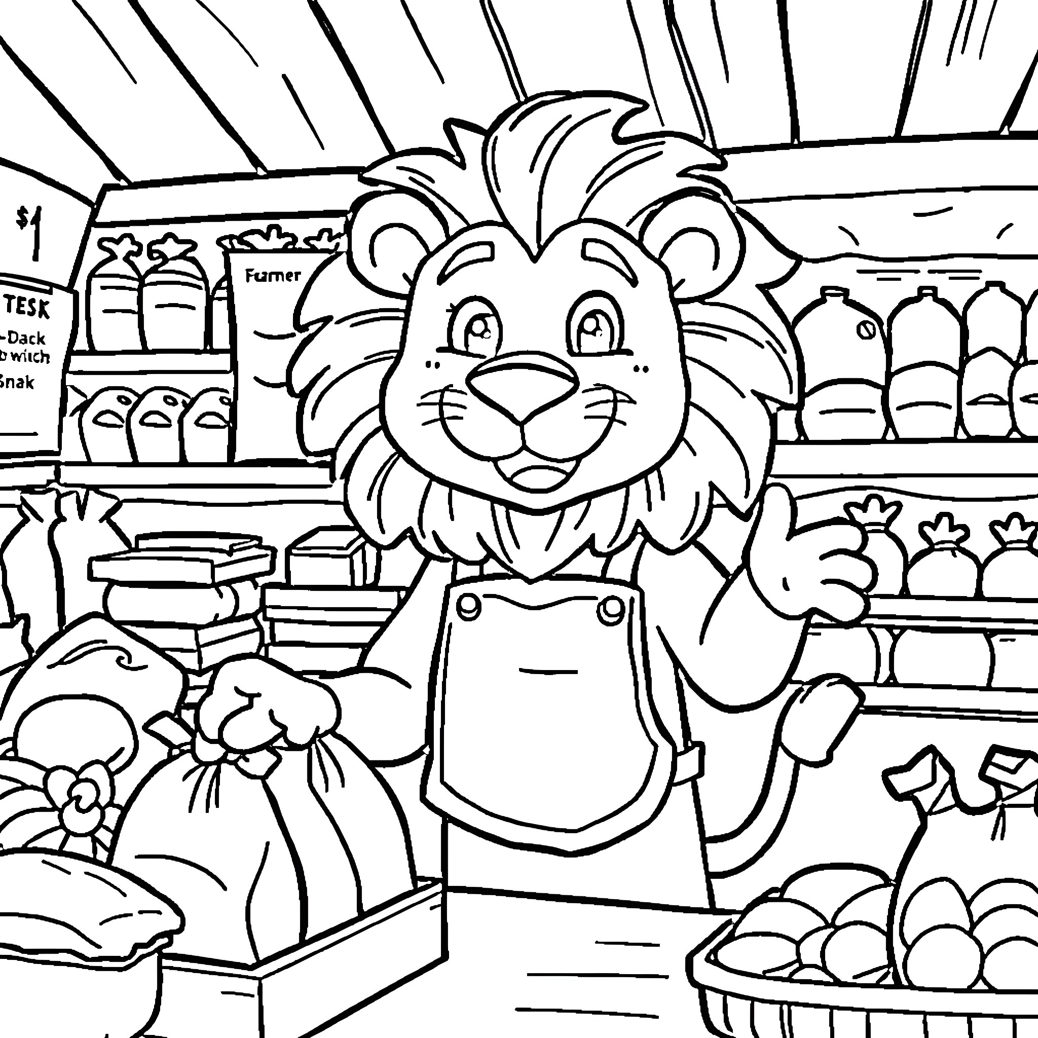 Lion working diligently in the grocery store Coloring Page (free black-and-white line drawing printable PDF for all, from beginners to advanced learners, including children, teens, adults, and seniors)