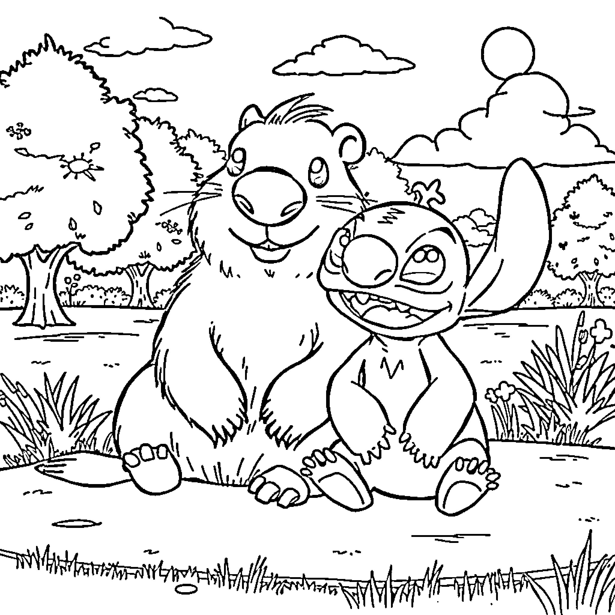 Capybara friends playing in the park Coloring Page (free black-and-white line drawing printable PDF for all, from beginners to advanced learners, including children, teens, adults, and seniors)