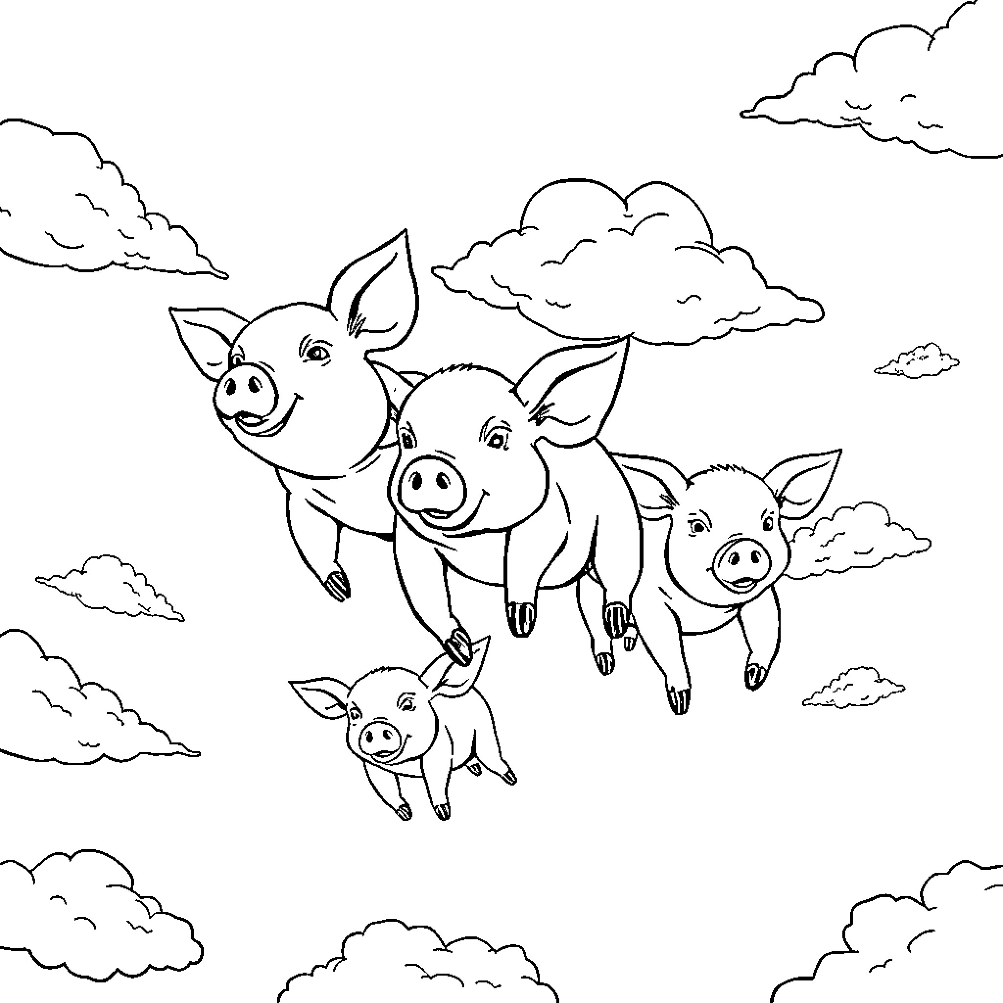 Pigs soaring in the clouds Coloring Page (free black-and-white line drawing printable PDF for all, from beginners to advanced learners, including children, teens, adults, and seniors)