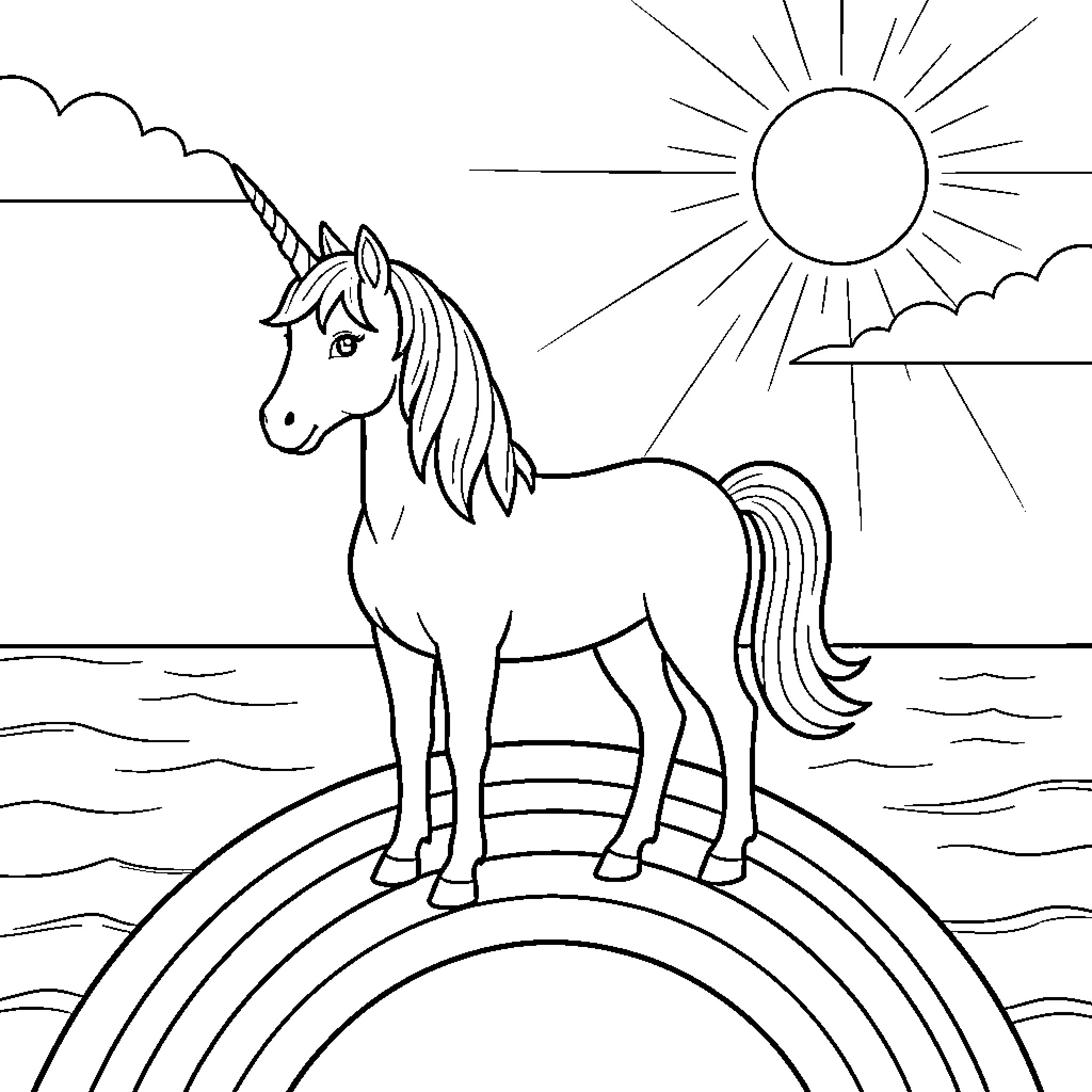 Unicorn standing majestically atop a large rainbow Coloring Page (free black-and-white line drawing printable PDF for all, from beginners to advanced learners, including children, teens, adults, and seniors)