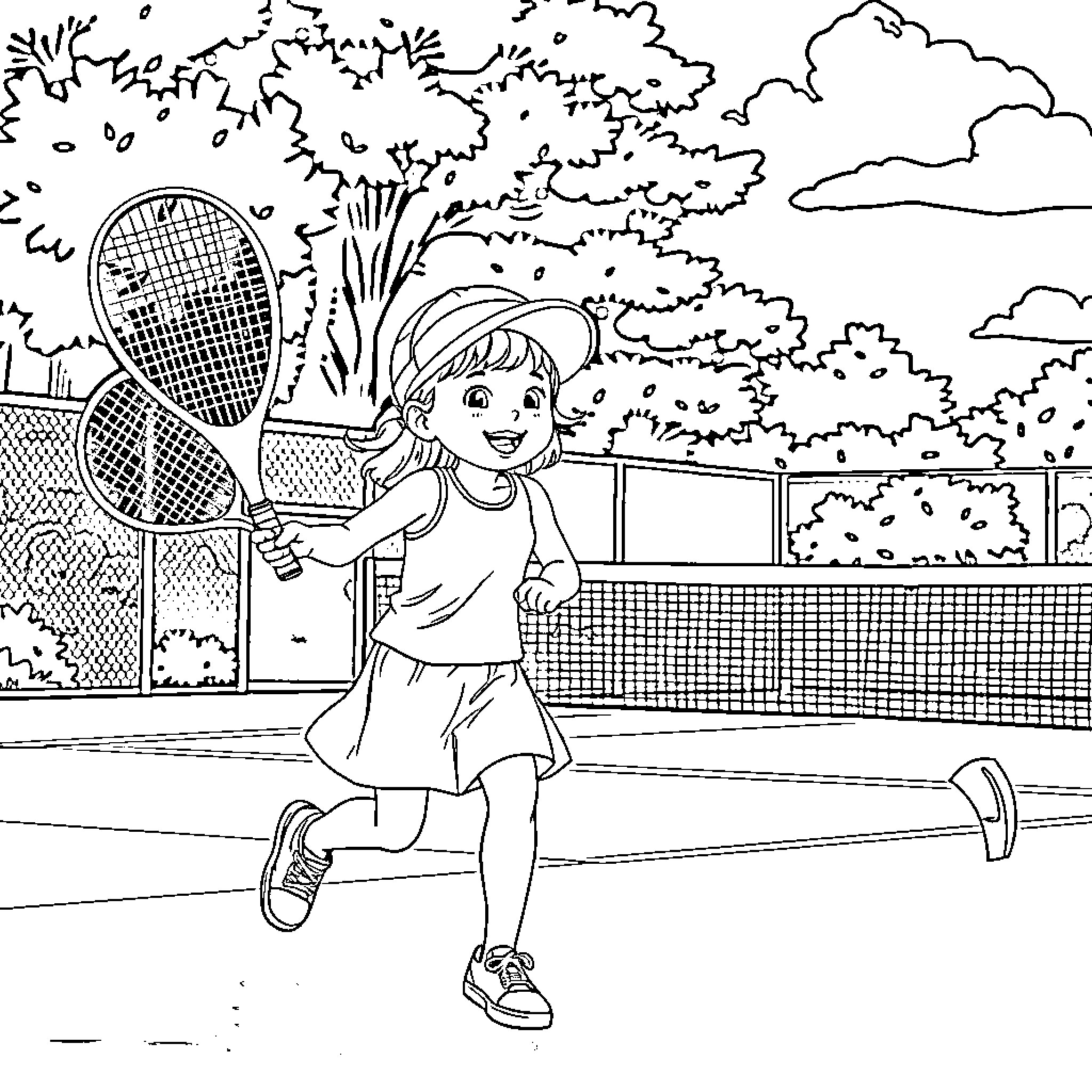 Girl playing tennis outdoors on the court Coloring Page (free black-and-white line drawing printable PDF for all, from beginners to advanced learners, including children, teens, adults, and seniors)