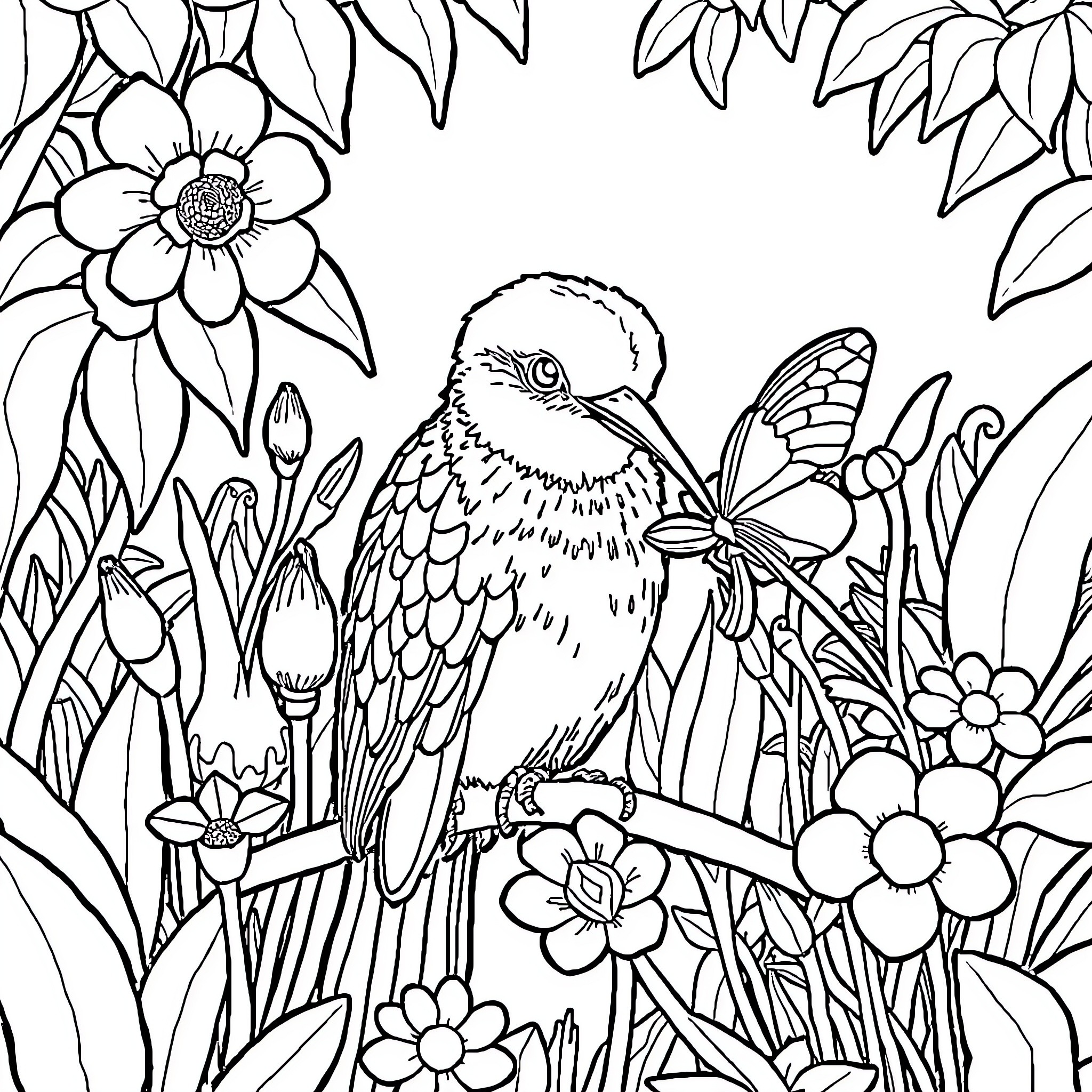 Krokodil bird perched amidst flowery foliage Coloring Page (free black-and-white line drawing printable PDF for all, from beginners to advanced learners, including children, teens, adults, and seniors)