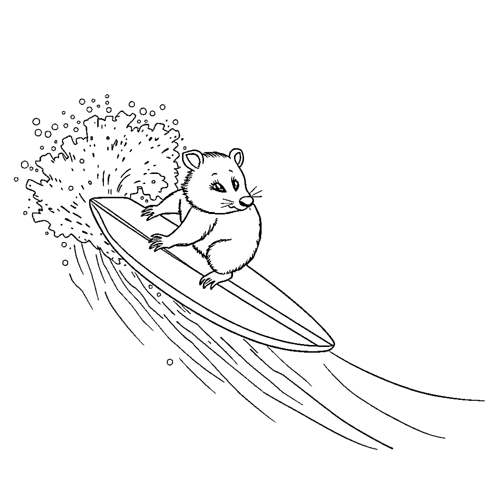 Wombat riding a surfboard in the waves Coloring Page (free black-and-white line drawing printable PDF for all, from beginners to advanced learners, including children, teens, adults, and seniors)