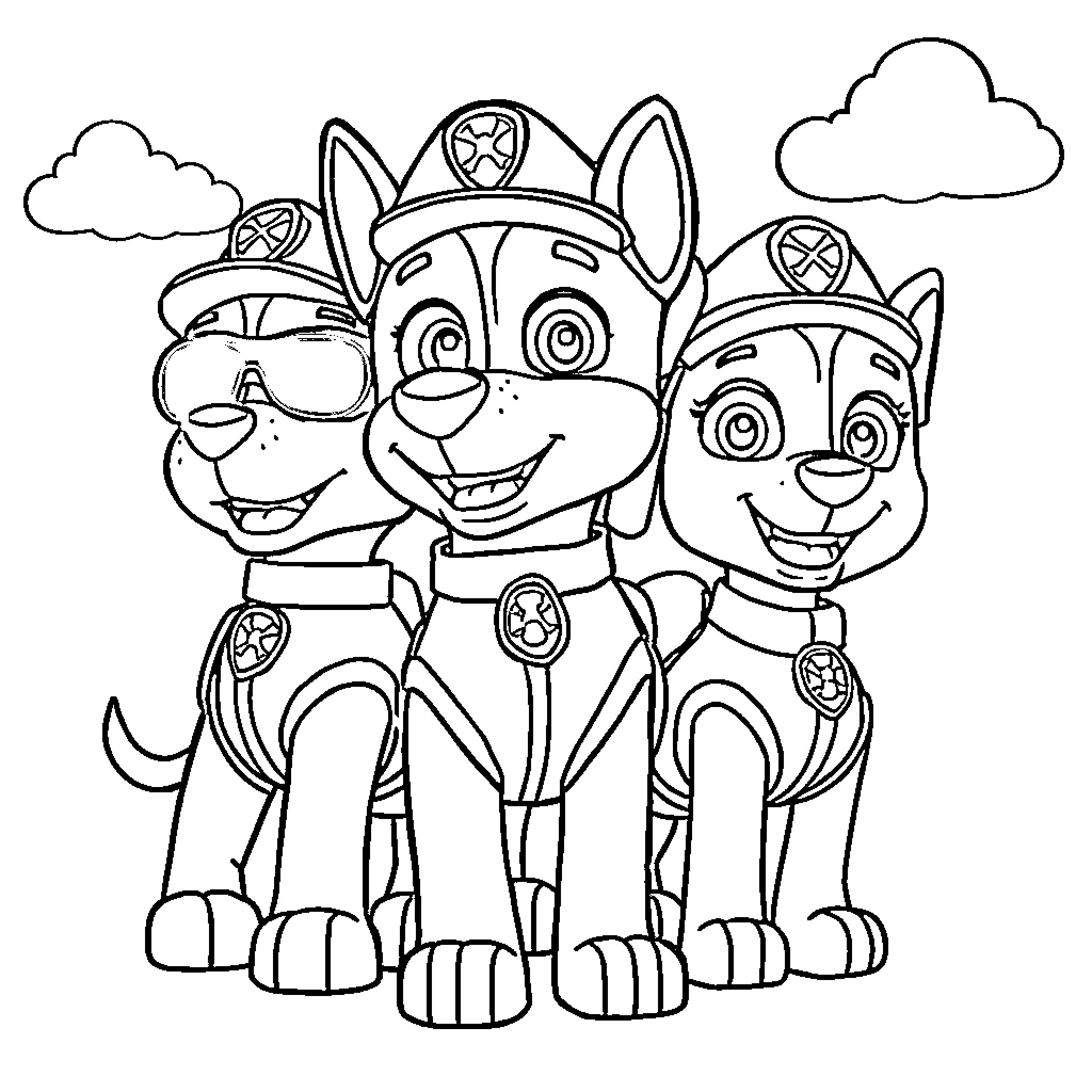 Dog Patrol Team in Action Coloring Page (free black-and-white line drawing printable PDF for all, from beginners to advanced learners, including children, teens, adults, and seniors)