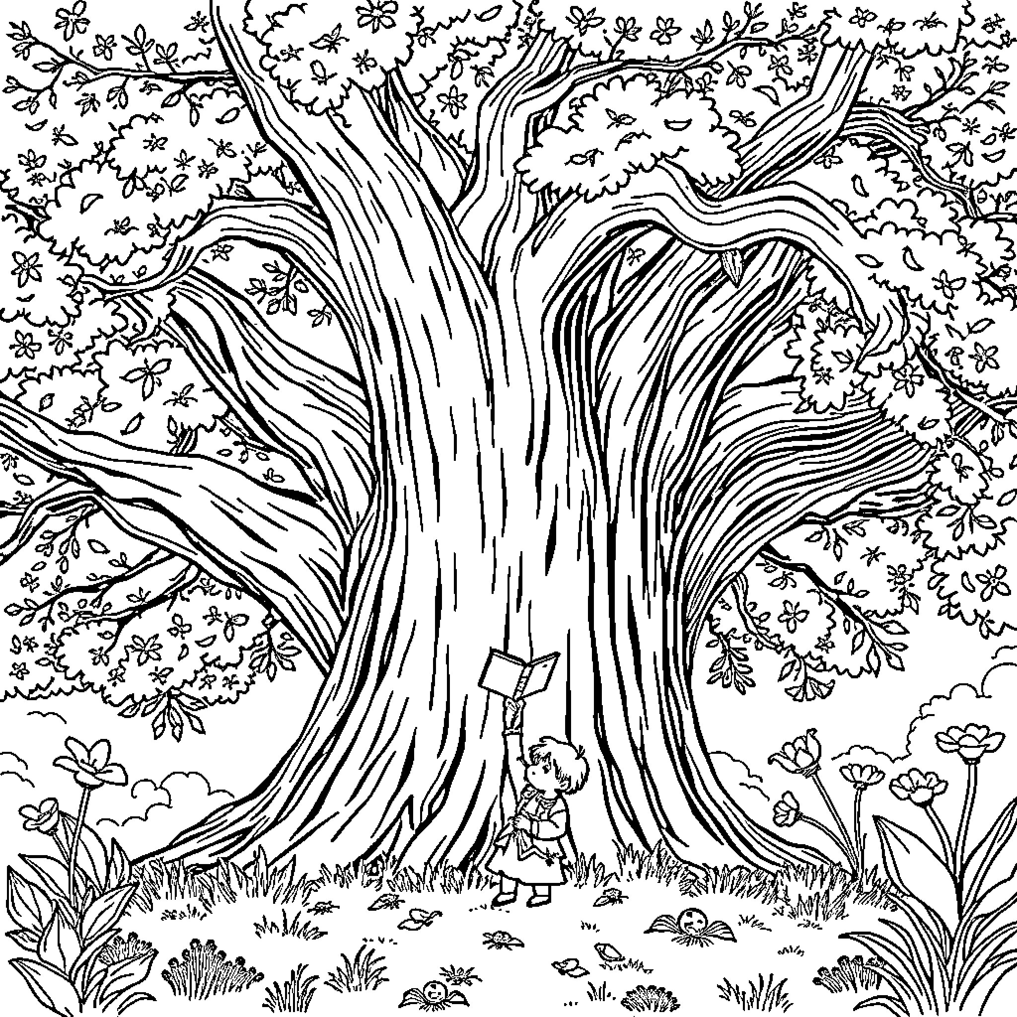 Enfant exploring enchanted forest Coloring Page (free black-and-white line drawing printable PDF for all, from beginners to advanced learners, including children, teens, adults, and seniors)