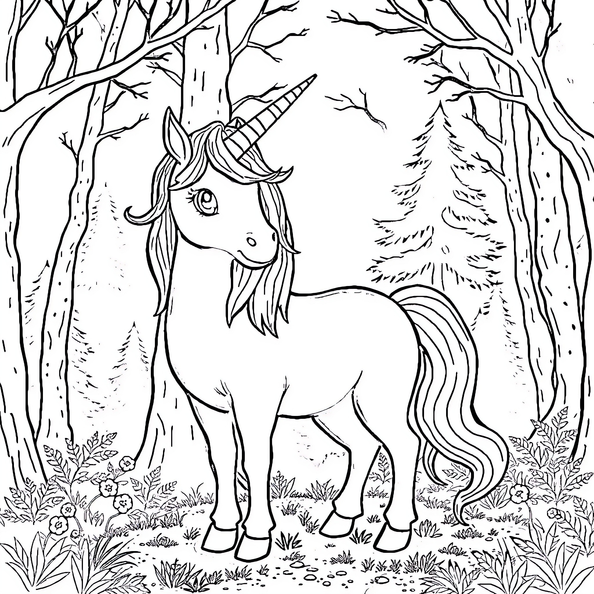 Unicorn in a Magical Forest Coloring Page (free black-and-white line drawing printable PDF for all, from beginners to advanced learners, including children, teens, adults, and seniors)