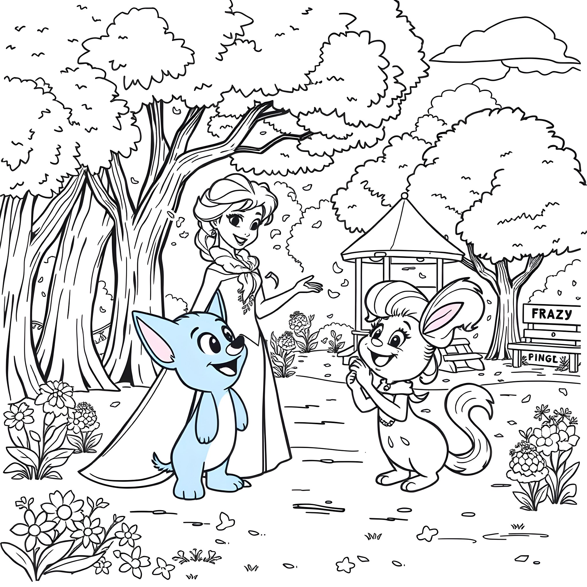 Elsa enjoying a playful day with her friends in the park Coloring Page (free black-and-white line drawing printable PDF for all, from beginners to advanced learners, including children, teens, adults, and seniors)