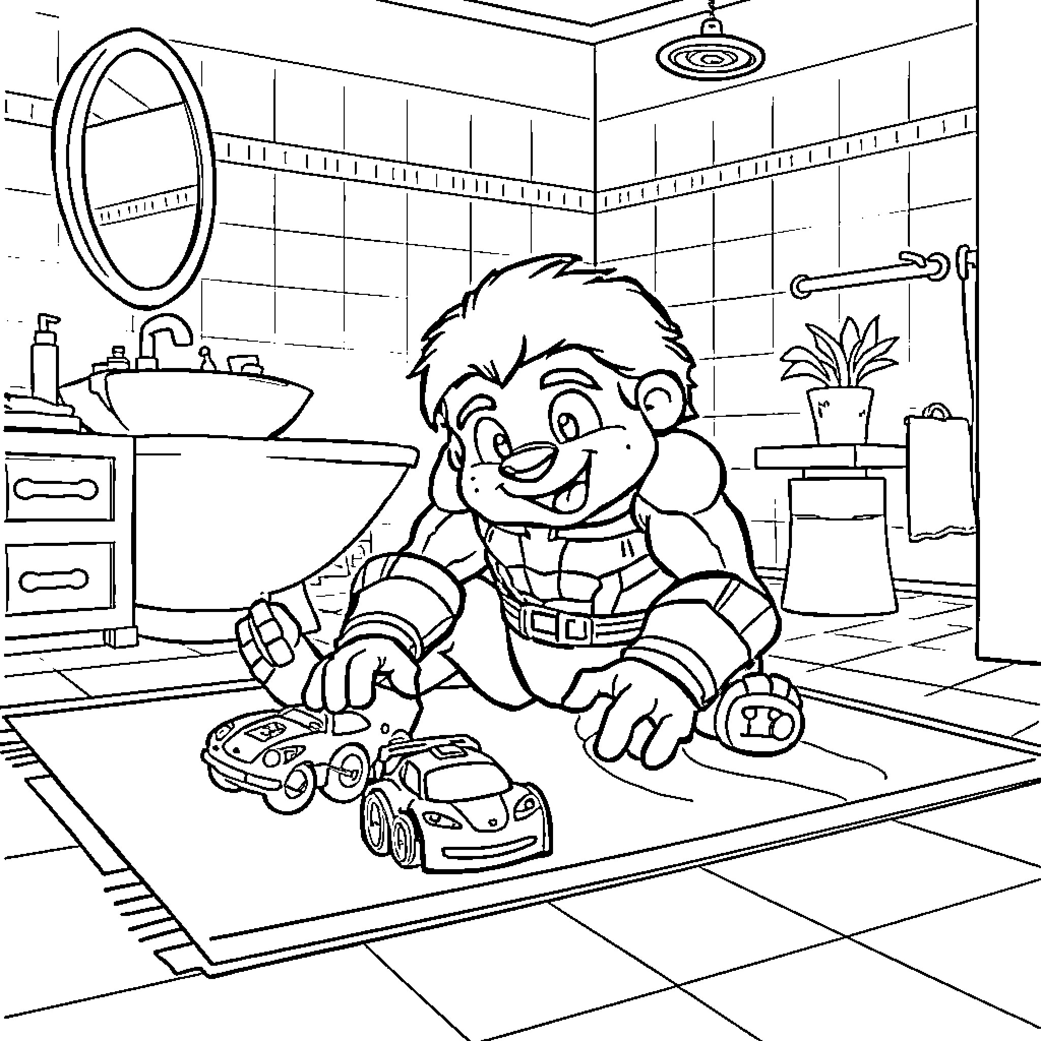 Zeus playing with toy cars in the bathroom Coloring Page (free black-and-white line drawing printable PDF for all, from beginners to advanced learners, including children, teens, adults, and seniors)