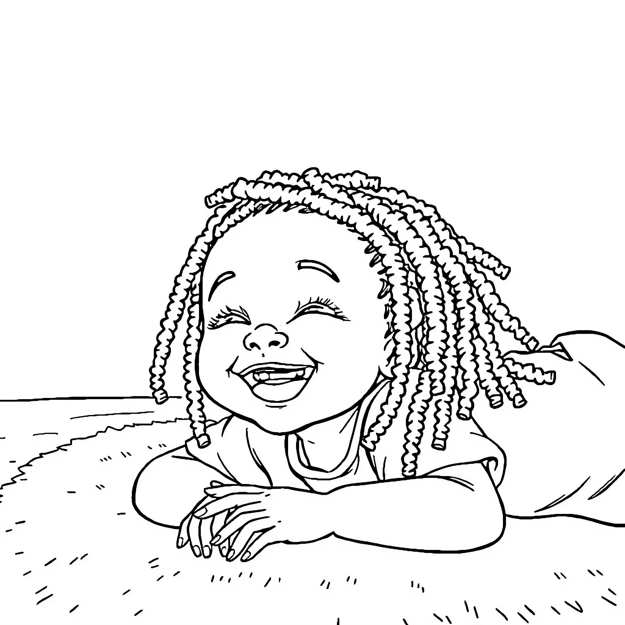 Girl with Braided Hair Smiling Happily Coloring Page (free black-and-white line drawing printable PDF for all, from beginners to advanced learners, including children, teens, adults, and seniors)