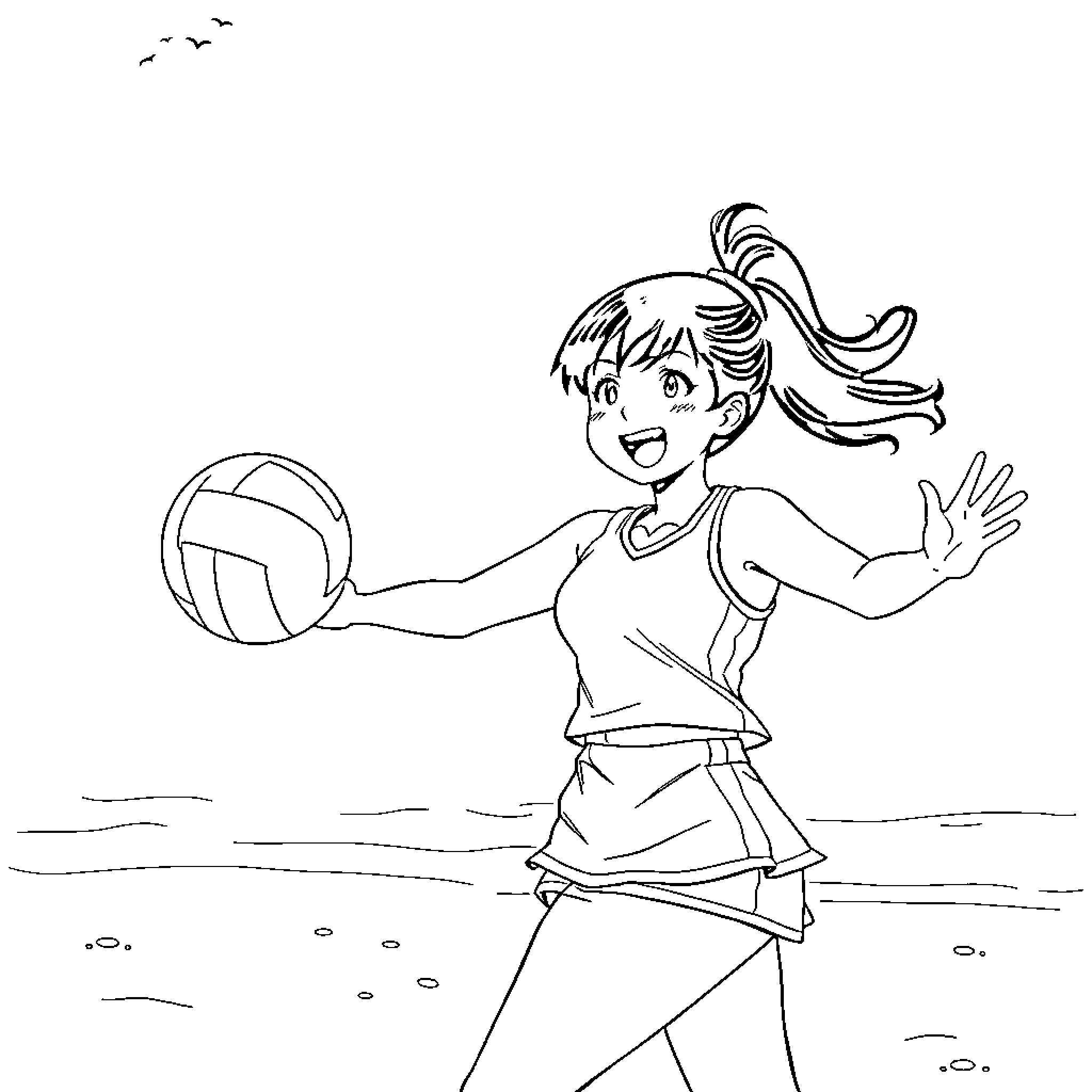 Nezuko playing volleyball on the beach Coloring Page (free black-and-white line drawing printable PDF for all, from beginners to advanced learners, including children, teens, adults, and seniors)