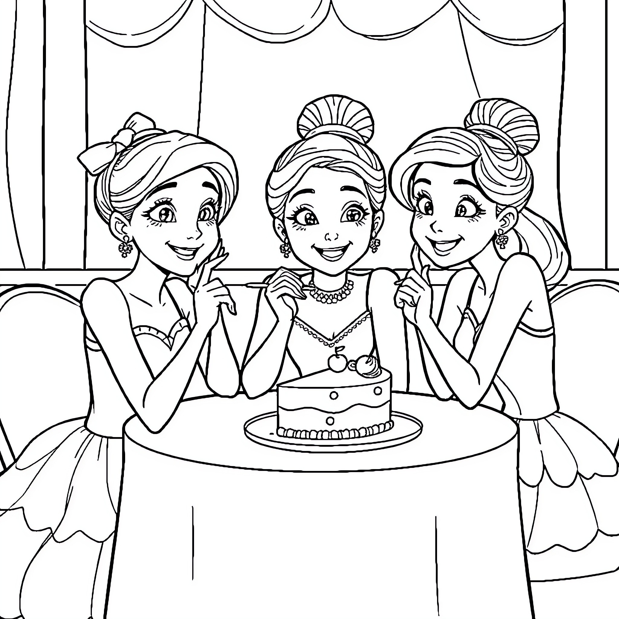 Heroine Princesses Celebrate with Cake Coloring Page (free black-and-white line drawing printable PDF for all, from beginners to advanced learners, including children, teens, adults, and seniors)