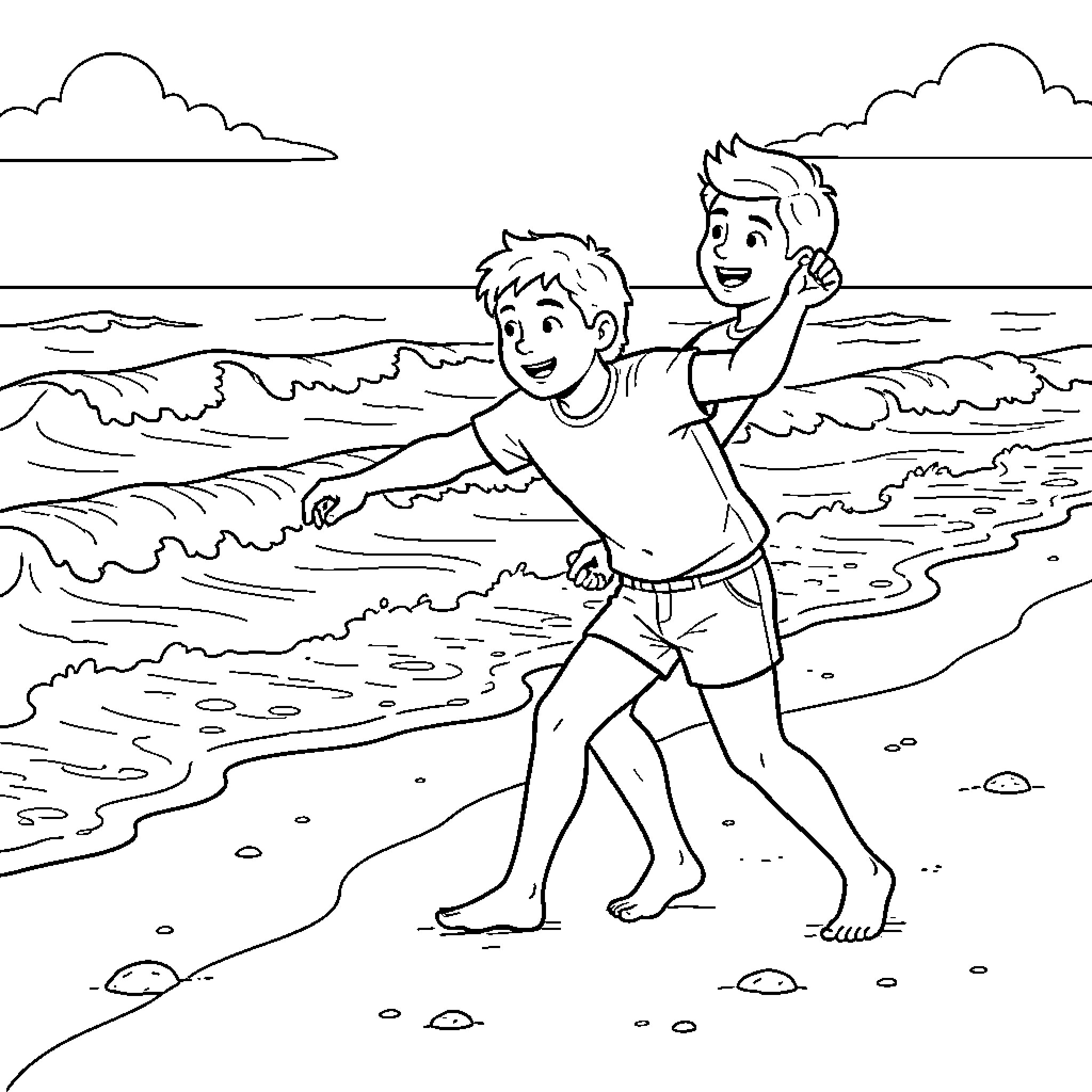 Tralalelo two boys playing on the sandy beach Coloring Page (free black-and-white line drawing printable PDF for all, from beginners to advanced learners, including children, teens, adults, and seniors)
