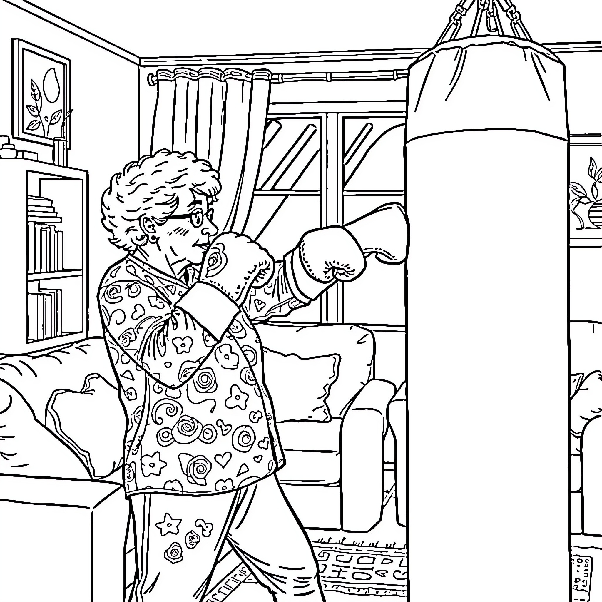 Grandmother boxing in her living room Coloring Page (free black-and-white line drawing printable PDF for all, from beginners to advanced learners, including children, teens, adults, and seniors)