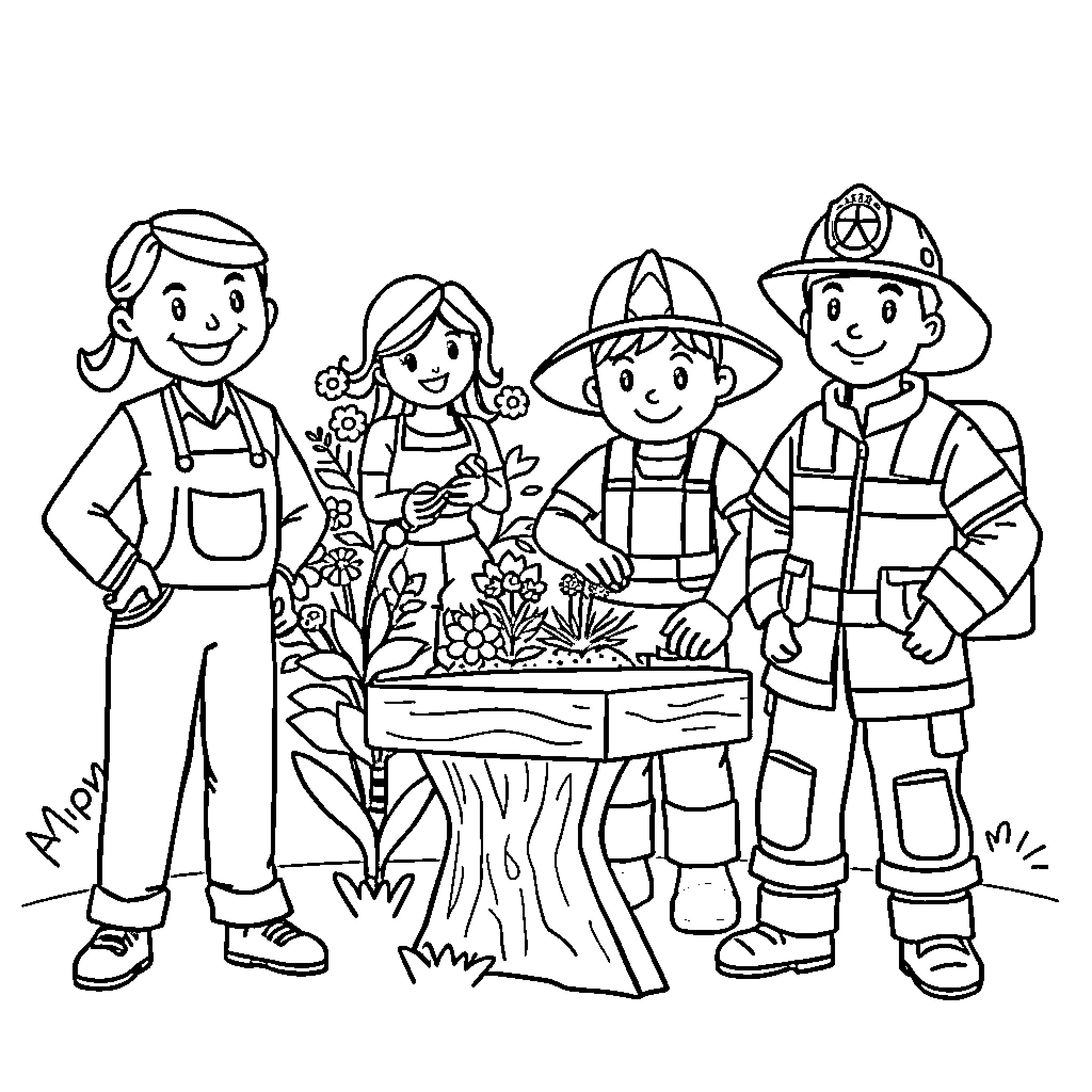 Community Helpers Working Together Cheerfully Coloring Page (free black-and-white line drawing printable PDF for all, from beginners to advanced learners, including children, teens, adults, and seniors)
