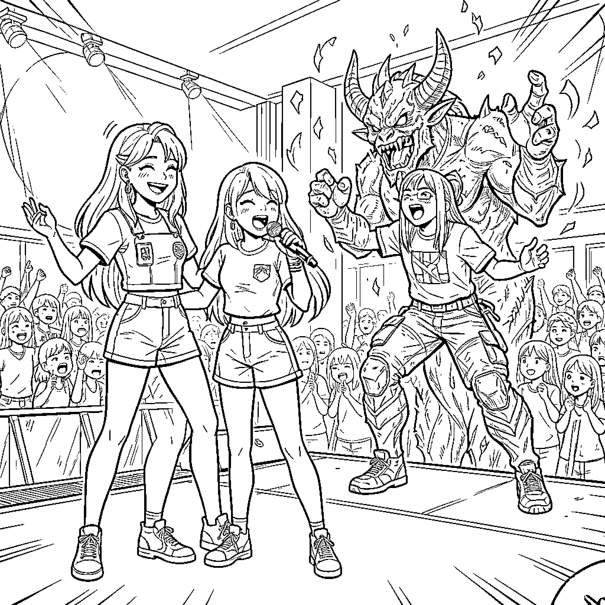 Romi and friends explore the vibrant world of gaming Coloring Page (free black-and-white line drawing printable PDF for all, from beginners to advanced learners, including children, teens, adults, and seniors)