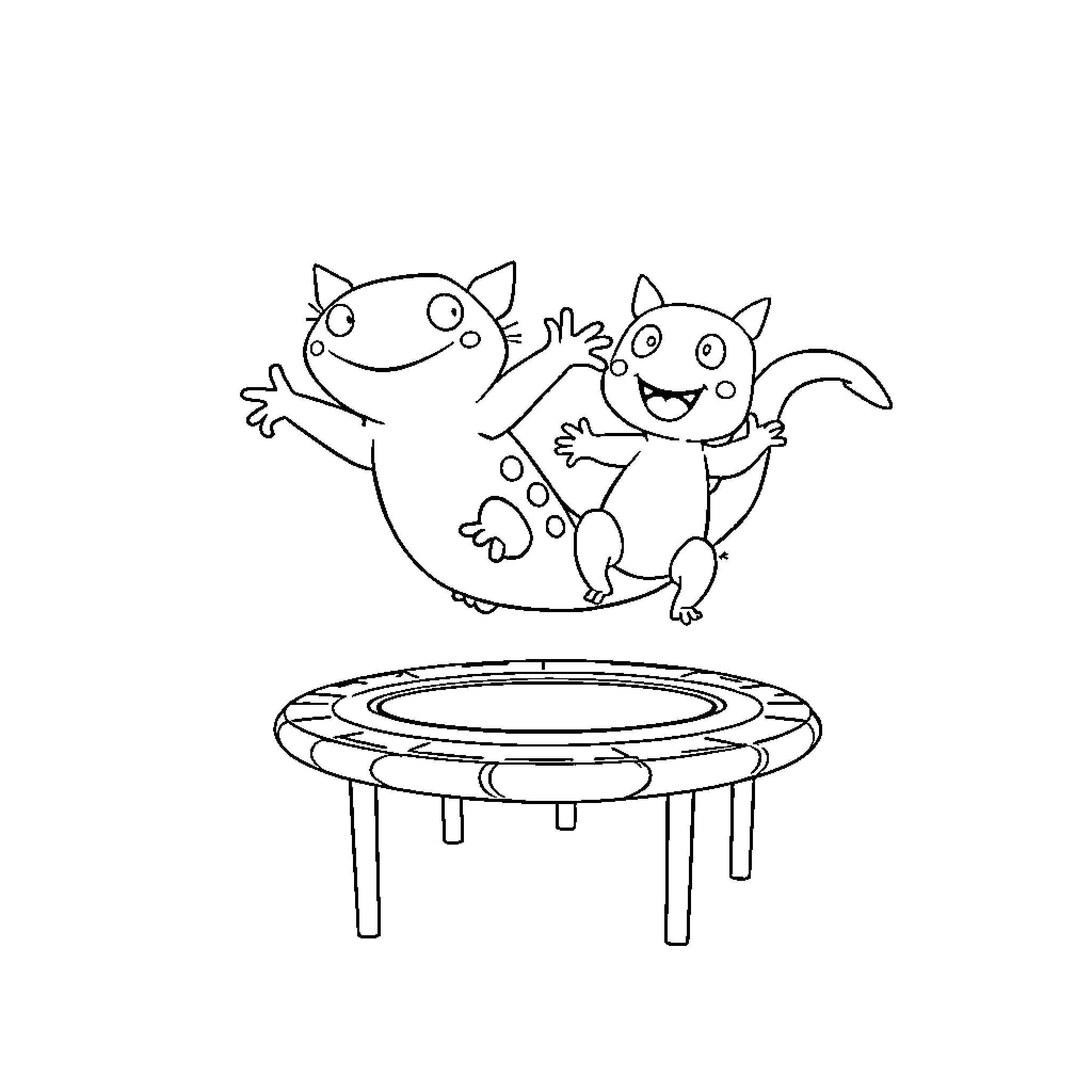 Axolotl friends bouncing on trampoline Coloring Page (free black-and-white line drawing printable PDF for all, from beginners to advanced learners, including children, teens, adults, and seniors)