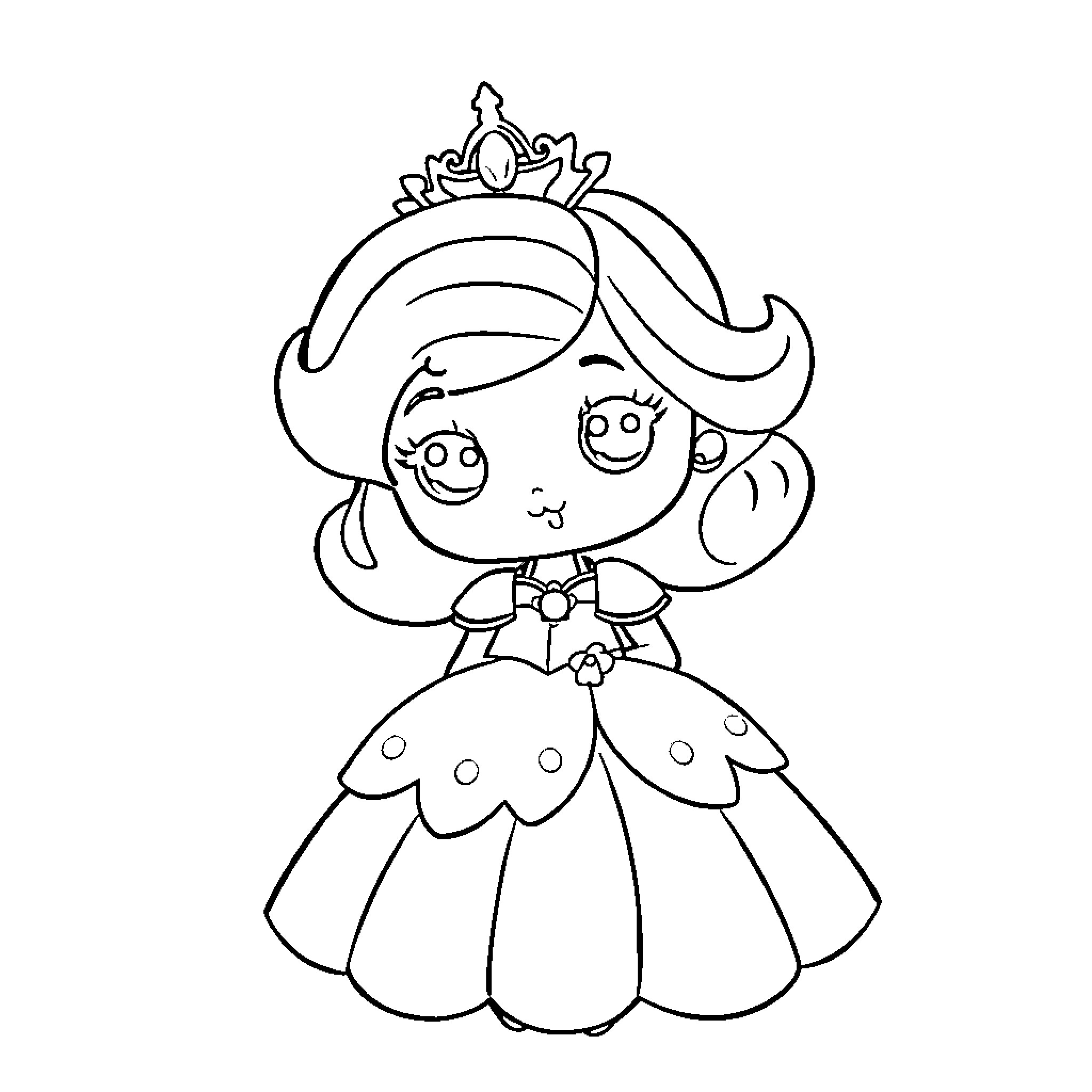 Princess in a whimsical dress and crown Coloring Page (free black-and-white line drawing printable PDF for all, from beginners to advanced learners, including children, teens, adults, and seniors)
