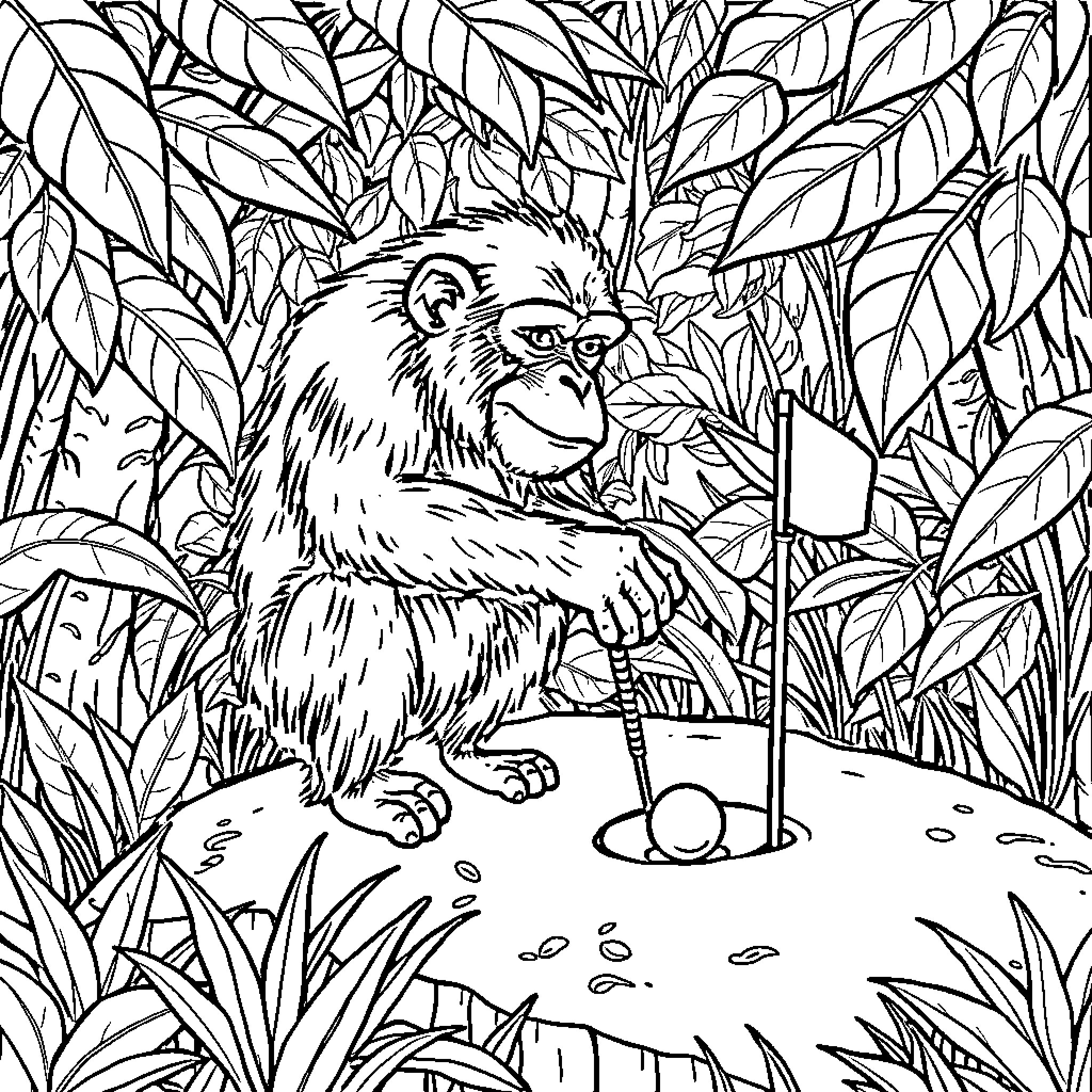 Monkey in lush jungle environment Coloring Page (free black-and-white line drawing printable PDF for all, from beginners to advanced learners, including children, teens, adults, and seniors)