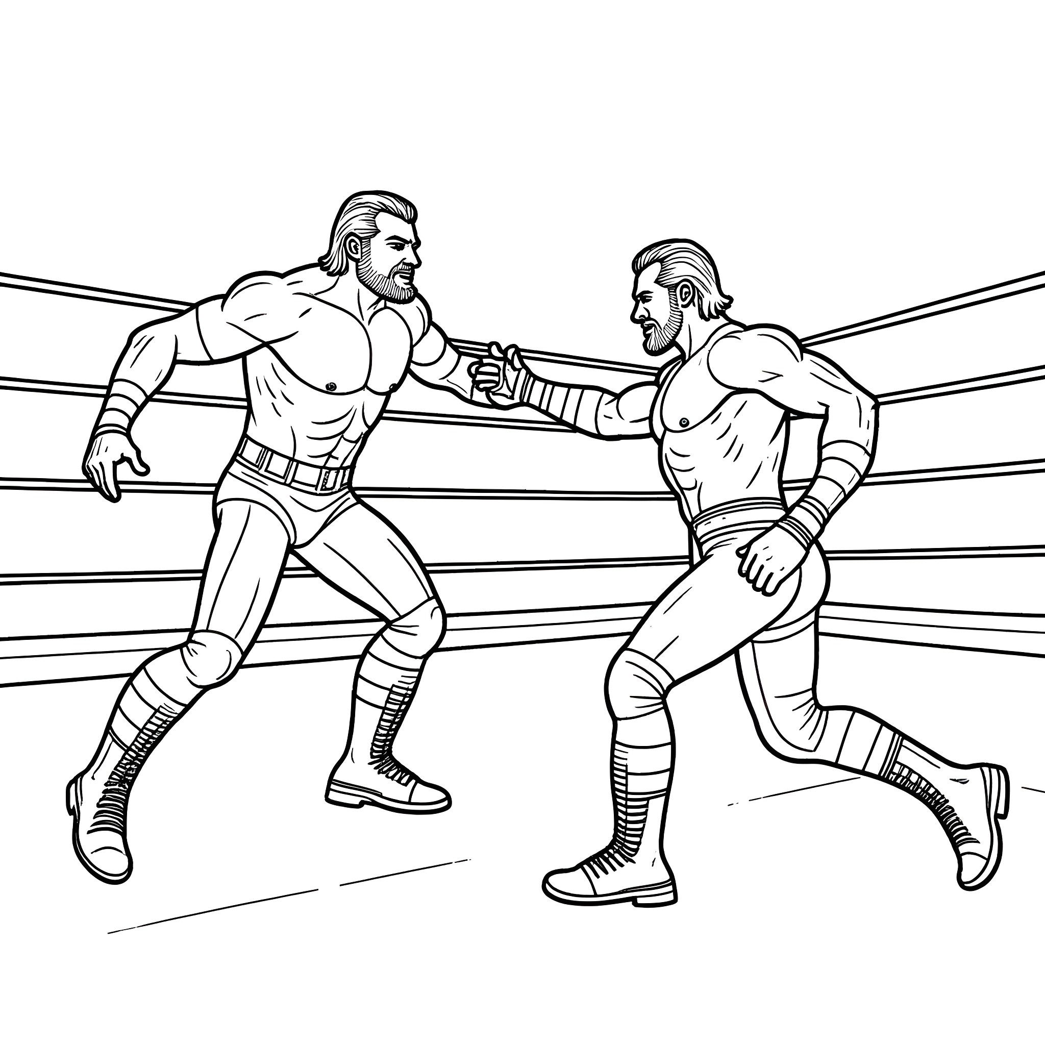 Wrestler's intense grappling match in the ring Coloring Page (free black-and-white line drawing printable PDF for all, from beginners to advanced learners, including children, teens, adults, and seniors)