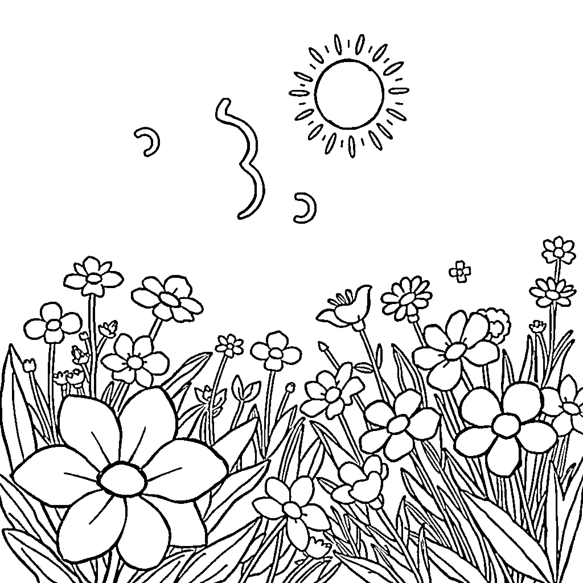 Bing Bang Garden Flourish with Flowers Coloring Page (free black-and-white line drawing printable PDF for all, from beginners to advanced learners, including children, teens, adults, and seniors)