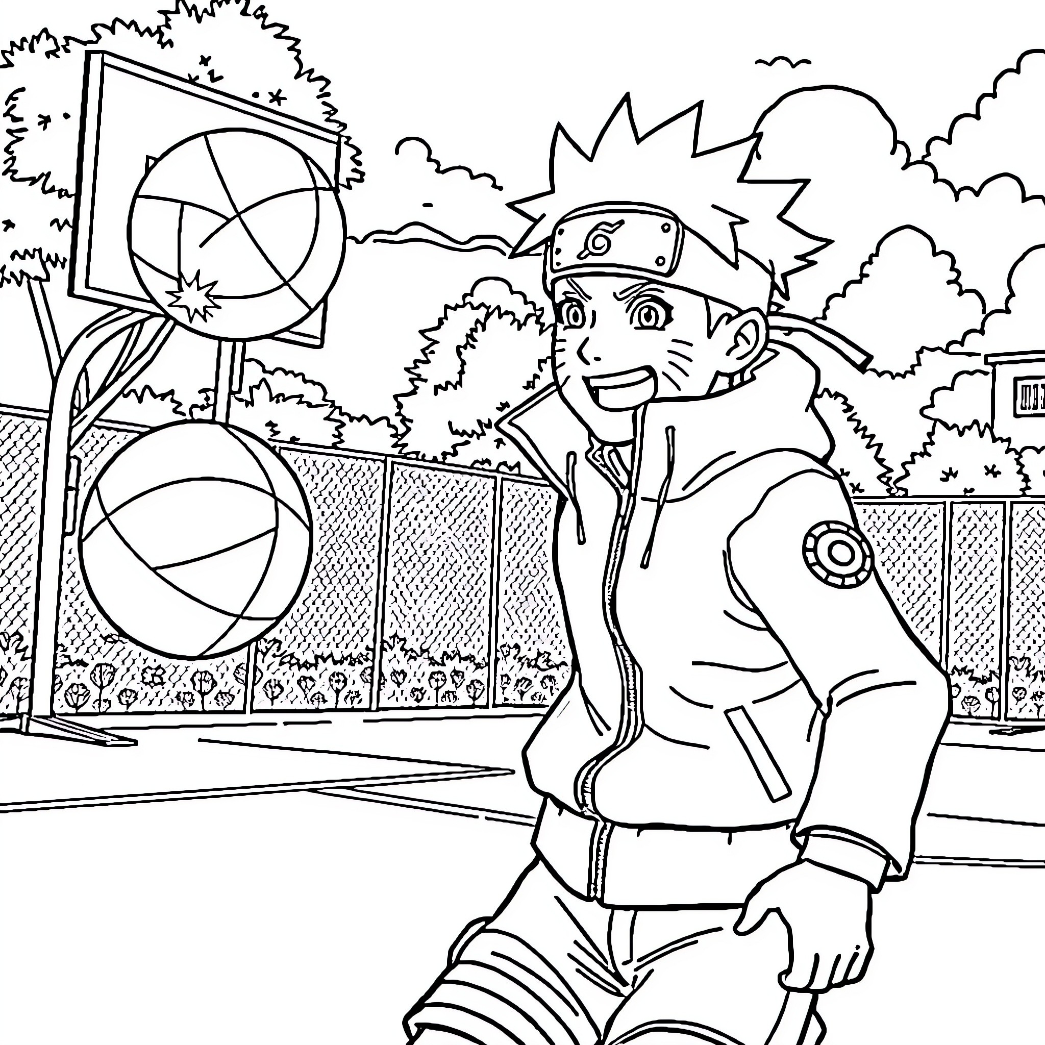 Naruto playing basketball on the court Coloring Page (free black-and-white line drawing printable PDF for all, from beginners to advanced learners, including children, teens, adults, and seniors)
