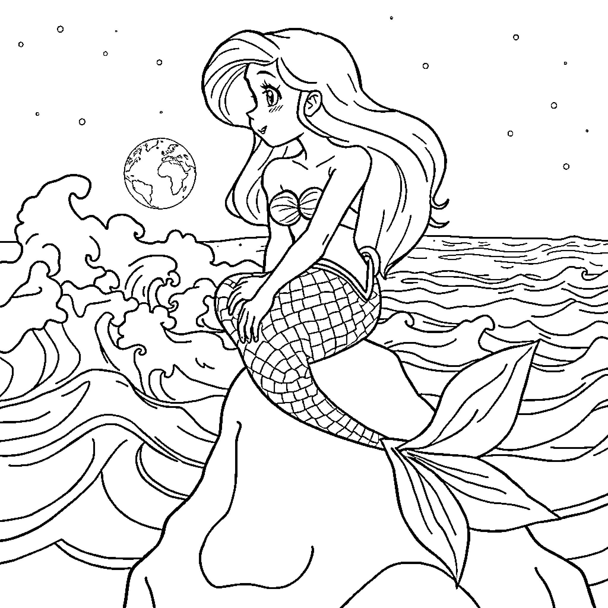 Mermaid gazing at the world in the ocean Coloring Page (free black-and-white line drawing printable PDF for all, from beginners to advanced learners, including children, teens, adults, and seniors)