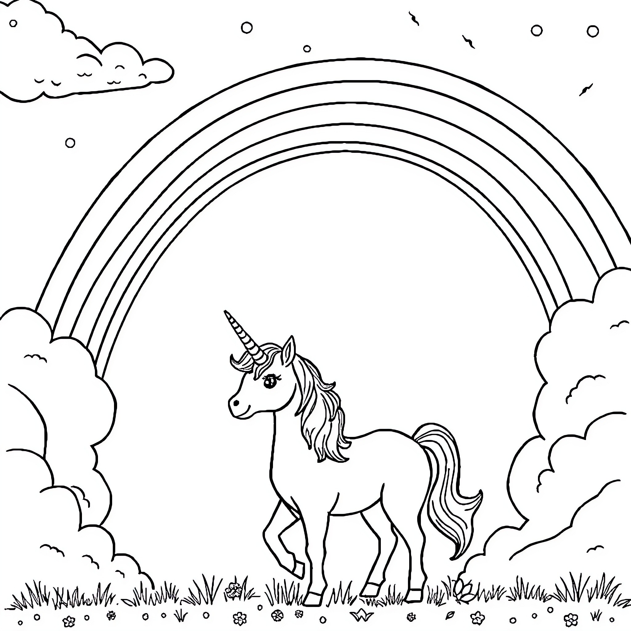 Unicorn standing under a rainbow in the clouds Coloring Page (free black-and-white line drawing printable PDF for all, from beginners to advanced learners, including children, teens, adults, and seniors)