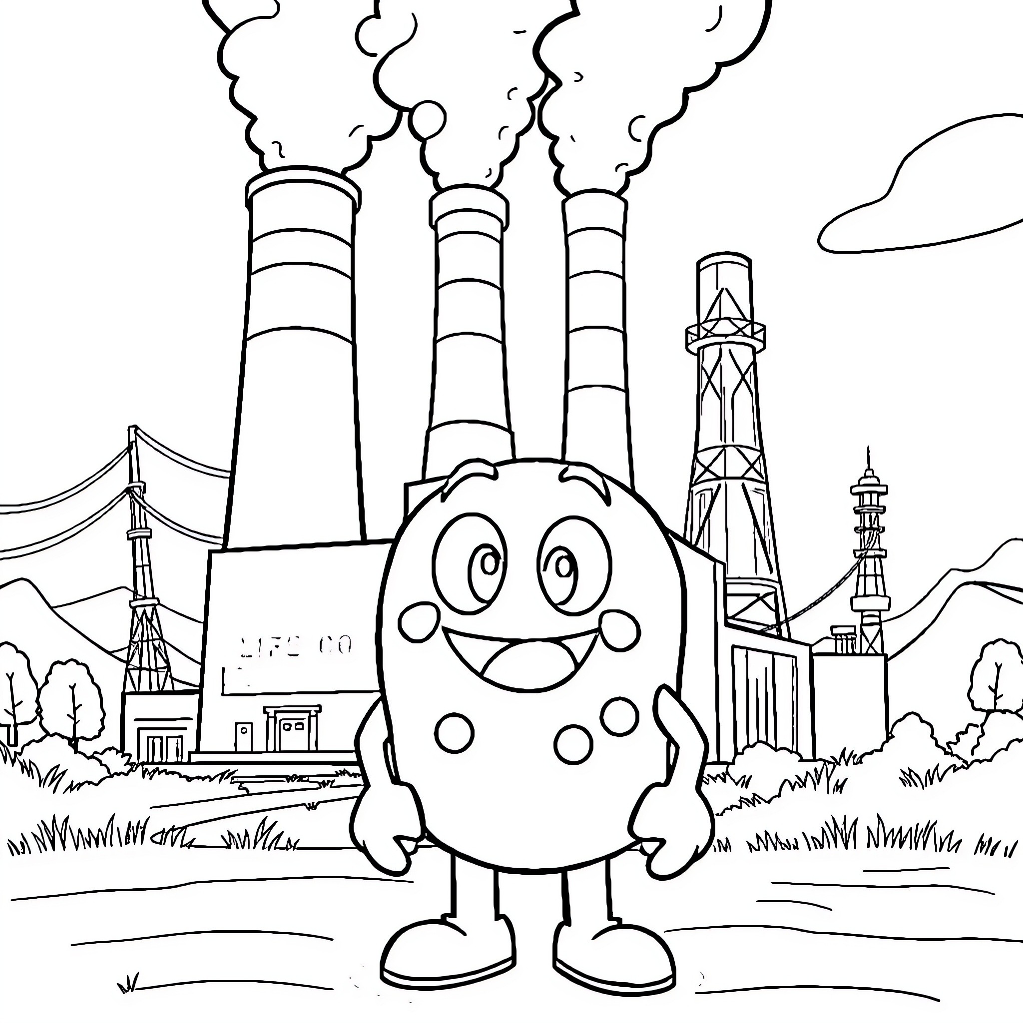 Wobby Life Character exploring industrial landscape Coloring Page (free black-and-white line drawing printable PDF for all, from beginners to advanced learners, including children, teens, adults, and seniors)