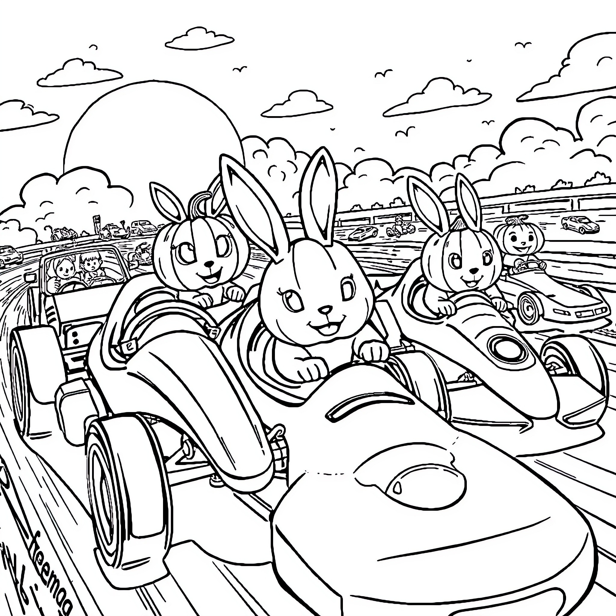 Rabbit friends racing toy cars together Coloring Page (free black-and-white line drawing printable PDF for all, from beginners to advanced learners, including children, teens, adults, and seniors)