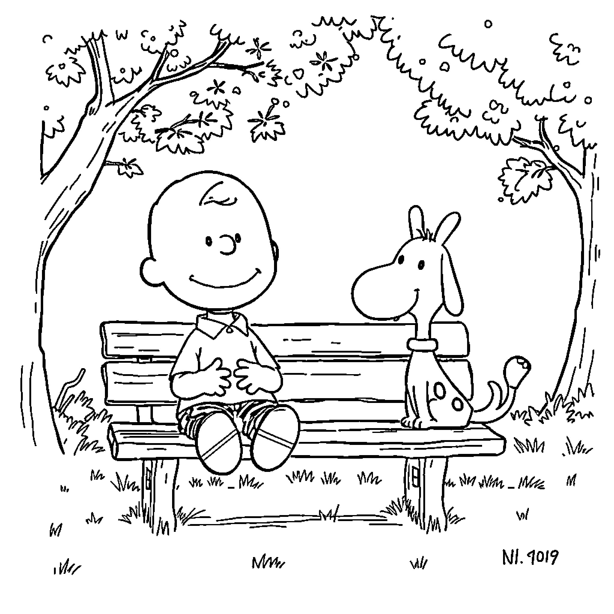 Charlie Brown and His Dog Relaxing on a Bench Coloring Page (free black-and-white line drawing printable PDF for all, from beginners to advanced learners, including children, teens, adults, and seniors)