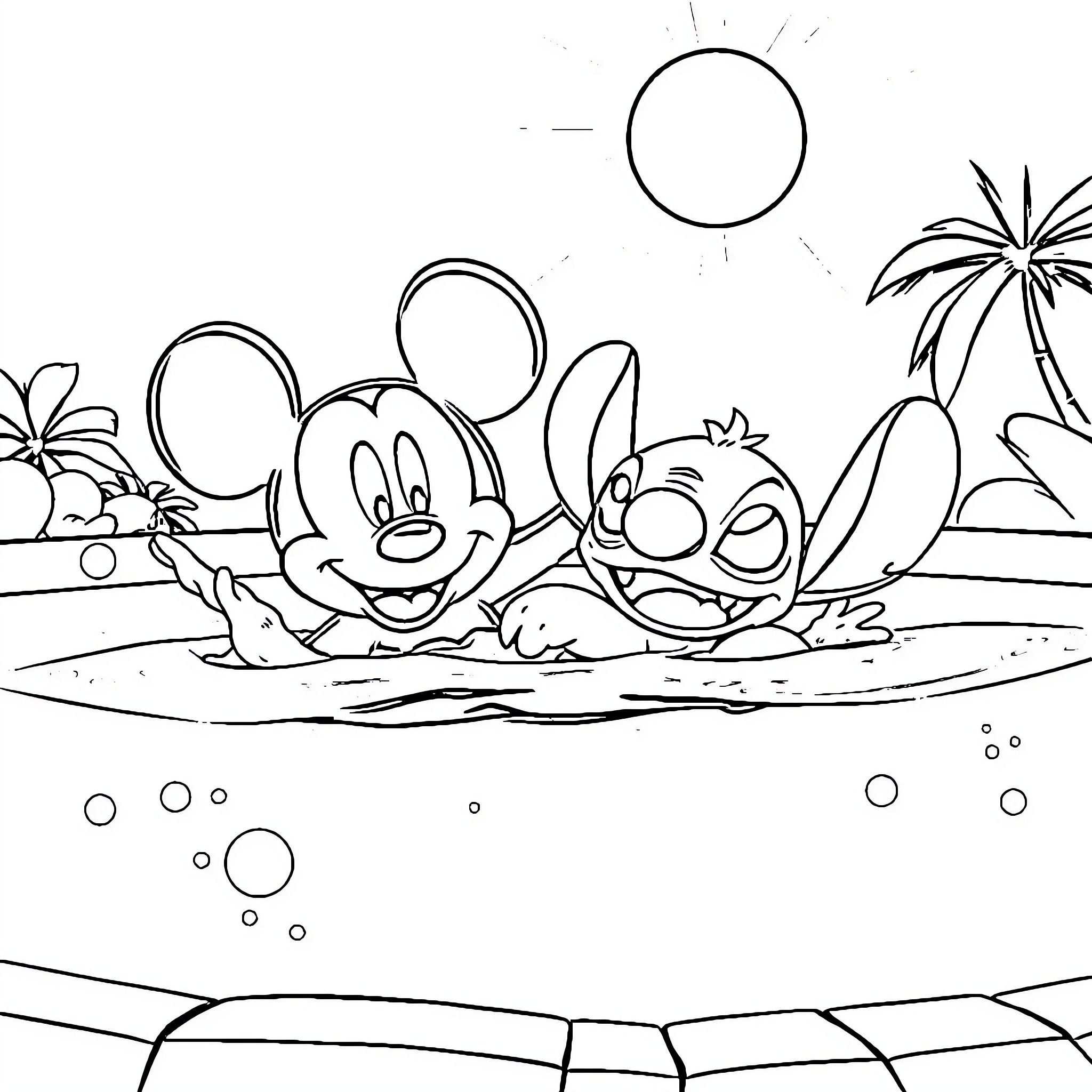 Mickey Mouse and friends enjoying the beach Coloring Page (free black-and-white line drawing printable PDF for all, from beginners to advanced learners, including children, teens, adults, and seniors)