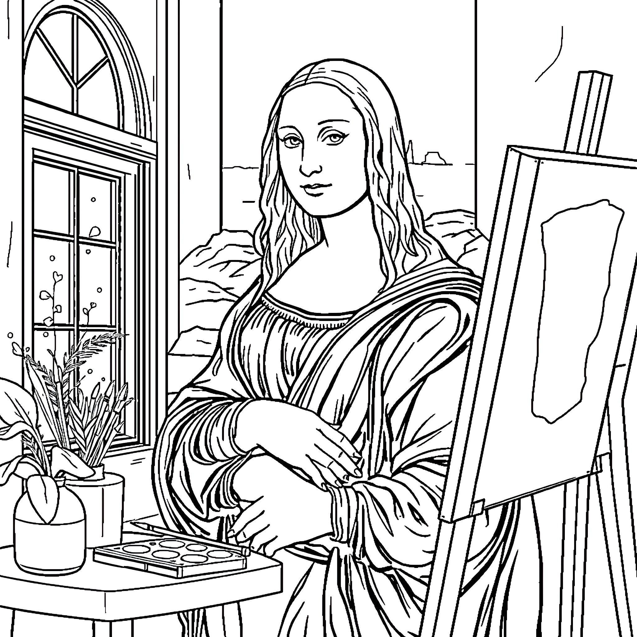 Da Vinci's Mona Lisa Painting in a Studio Coloring Page (free black-and-white line drawing printable PDF for all, from beginners to advanced learners, including children, teens, adults, and seniors)
