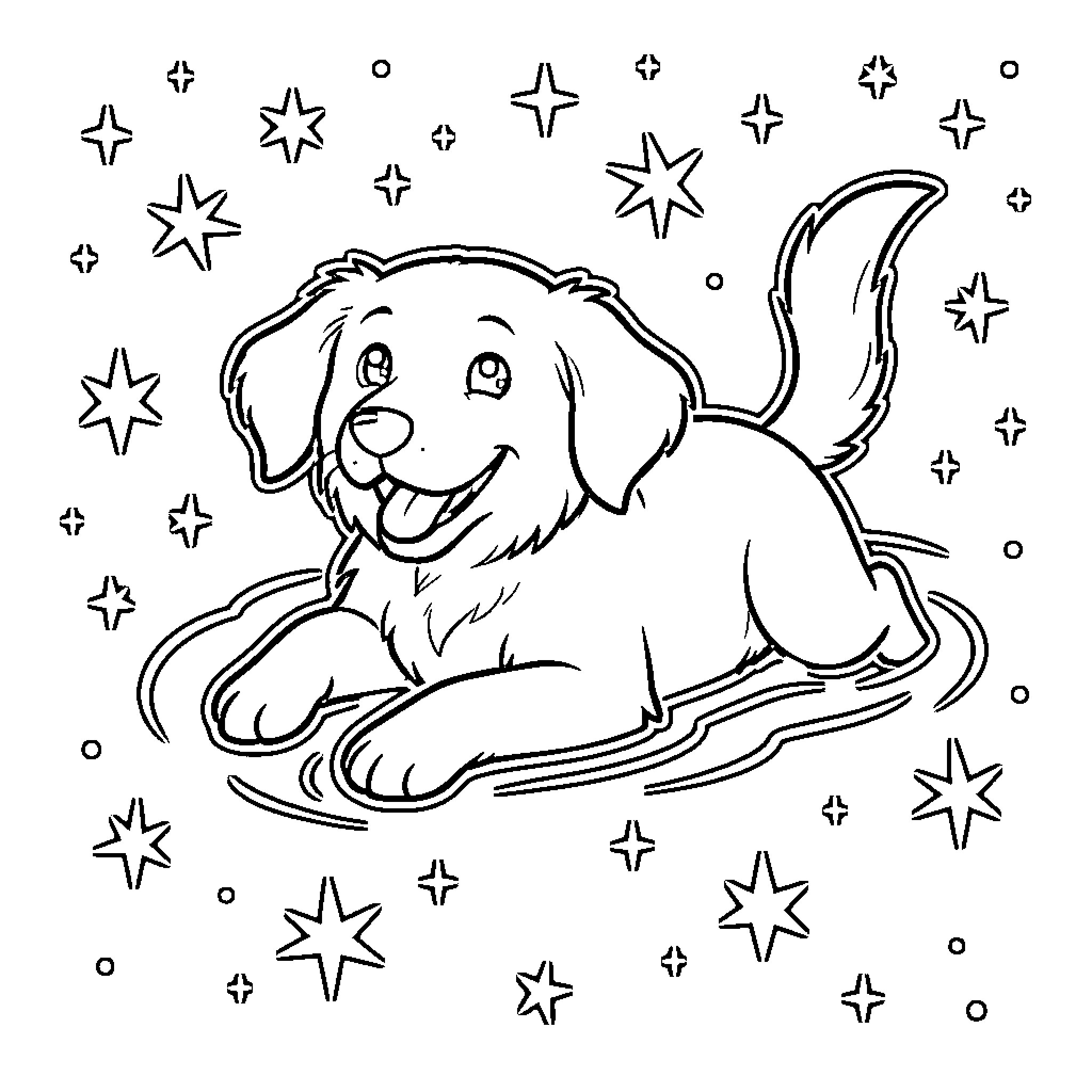Perro gazing at the stars Coloring Page (free black-and-white line drawing printable PDF for all, from beginners to advanced learners, including children, teens, adults, and seniors)