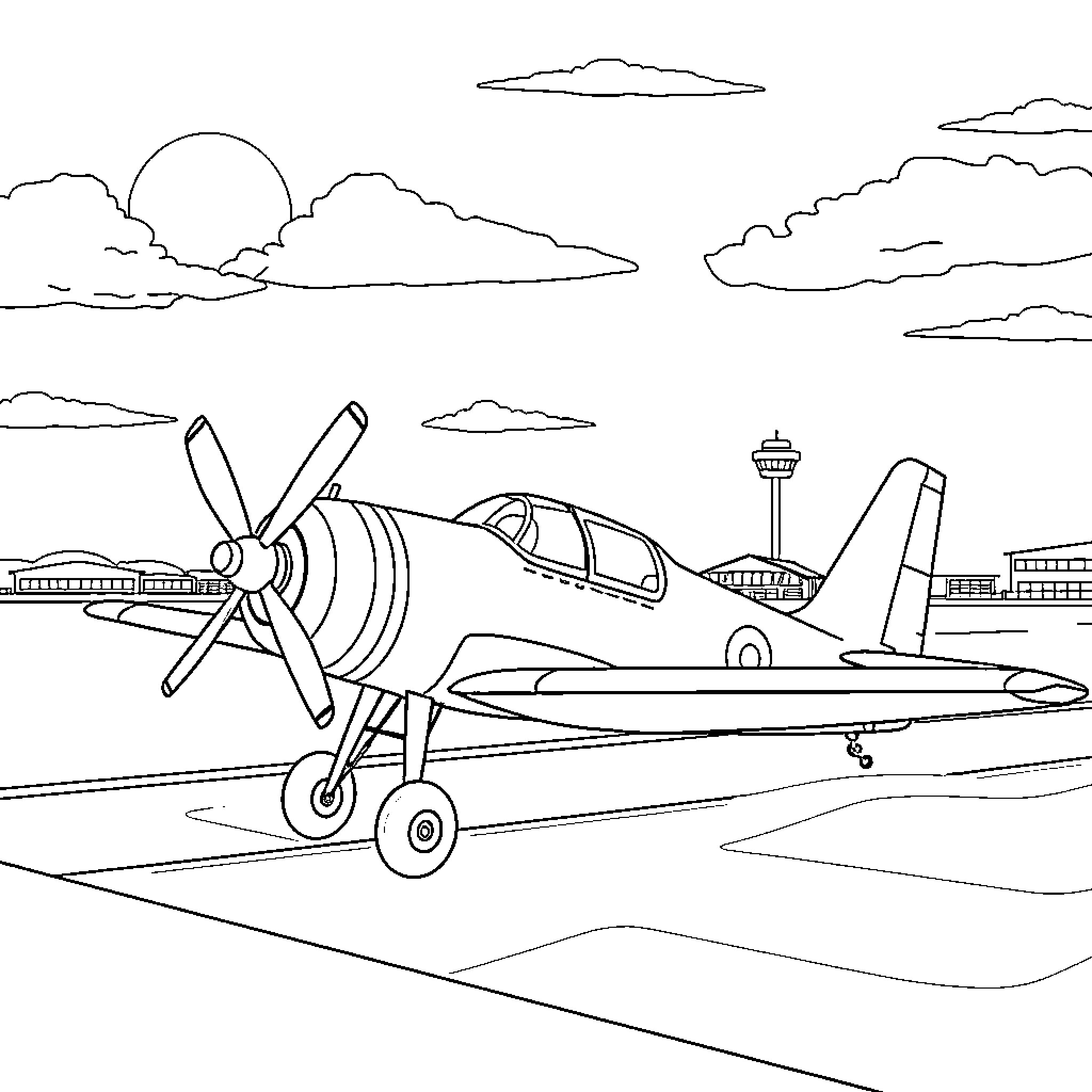 Biplane flying above the runway Coloring Page (free black-and-white line drawing printable PDF for all, from beginners to advanced learners, including children, teens, adults, and seniors)